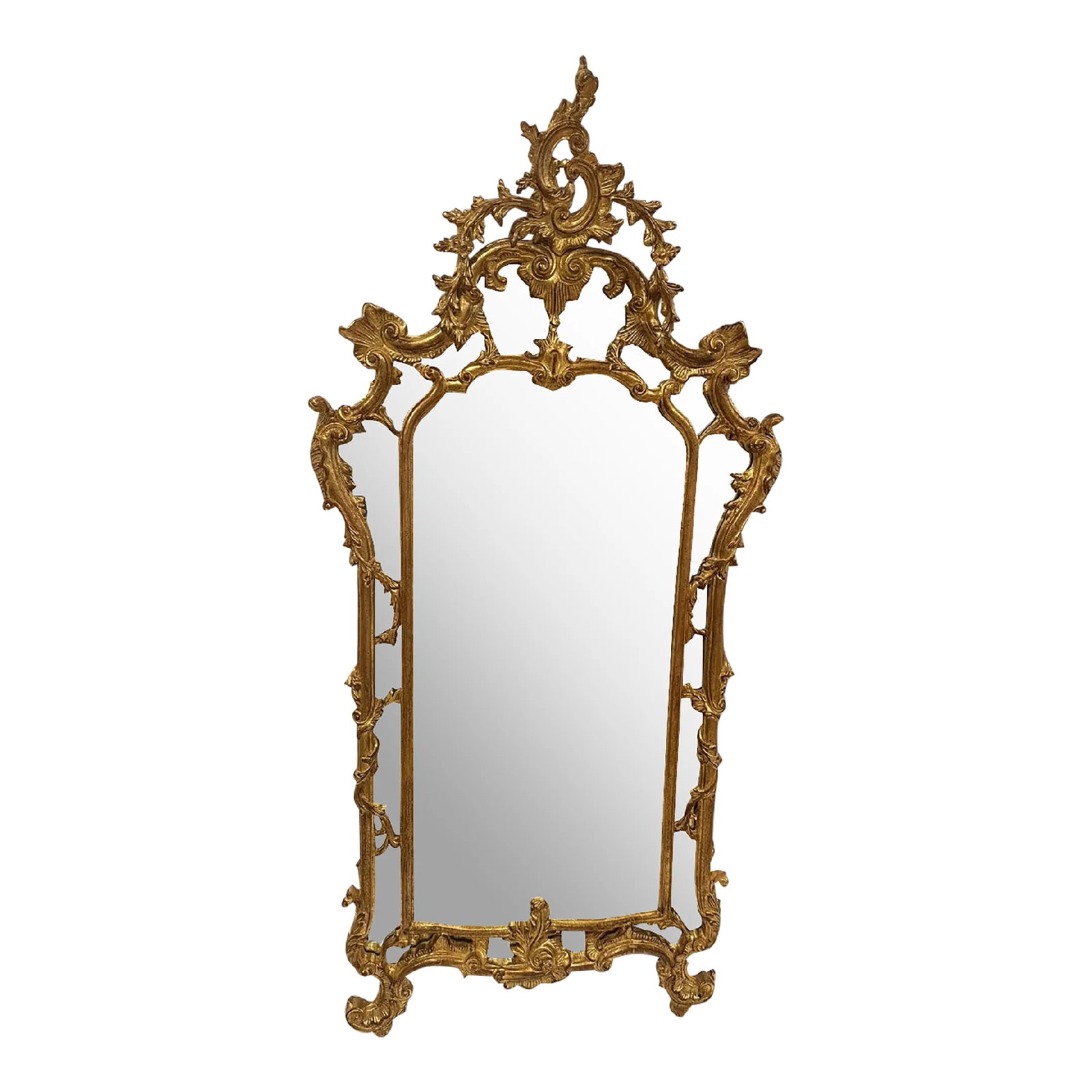 Tall Venetian Style Giltwood Mirror: Beautiful ornate Venetian style gilded mirror having curlicues and bottom feet. Hand carved gilt wood by Decorative Crafts. Condition: Alterations: Original Condition Unaltered Imperfections: Some Imp