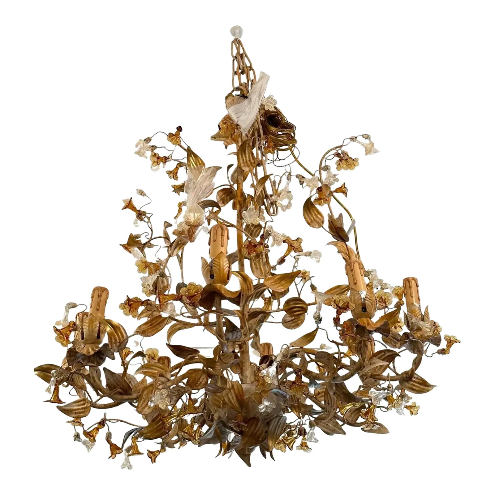 Gorgeous Italian Painted Metal & Murano Glass 8 Arm Chandelier: Very elegant contemporary Italian 8 arm large chandelier having cream painted metal body and arms decorated with glistening Murano glass flowers in amber and clear. By Mechini Condition: Alterations: 