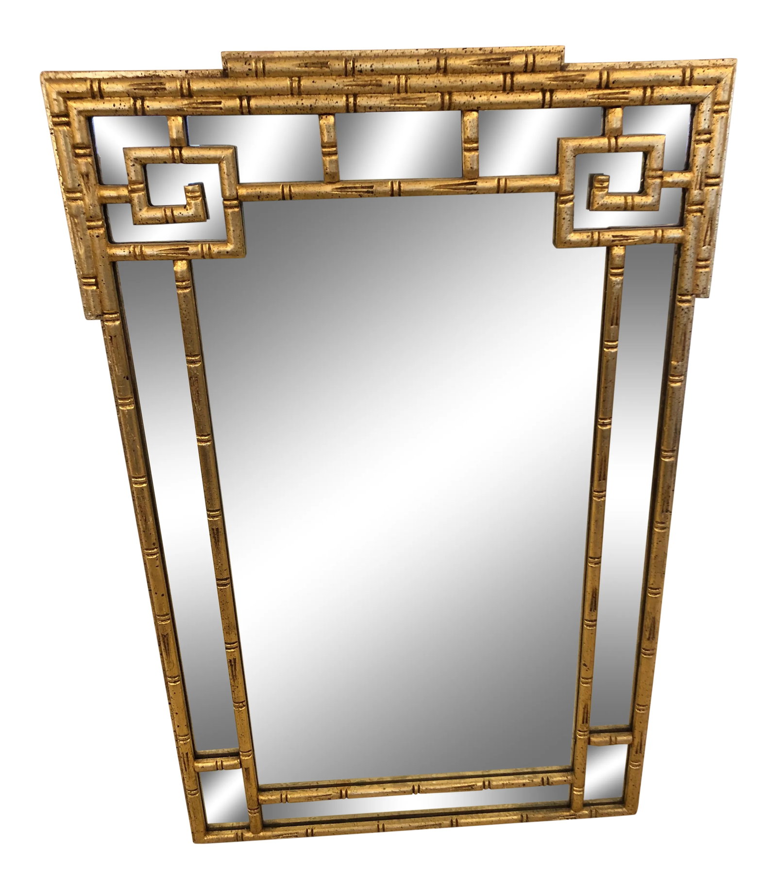 1960s Giltwood Greek Key Faux Bamboo Wall Mirror: Sophisticated Italian rectangular giltwood faux bamboo mirror with Greek key motife having a vertical orientation. Condition: Alterations: Original Condition Unaltered Imperfections: Some Imperfection