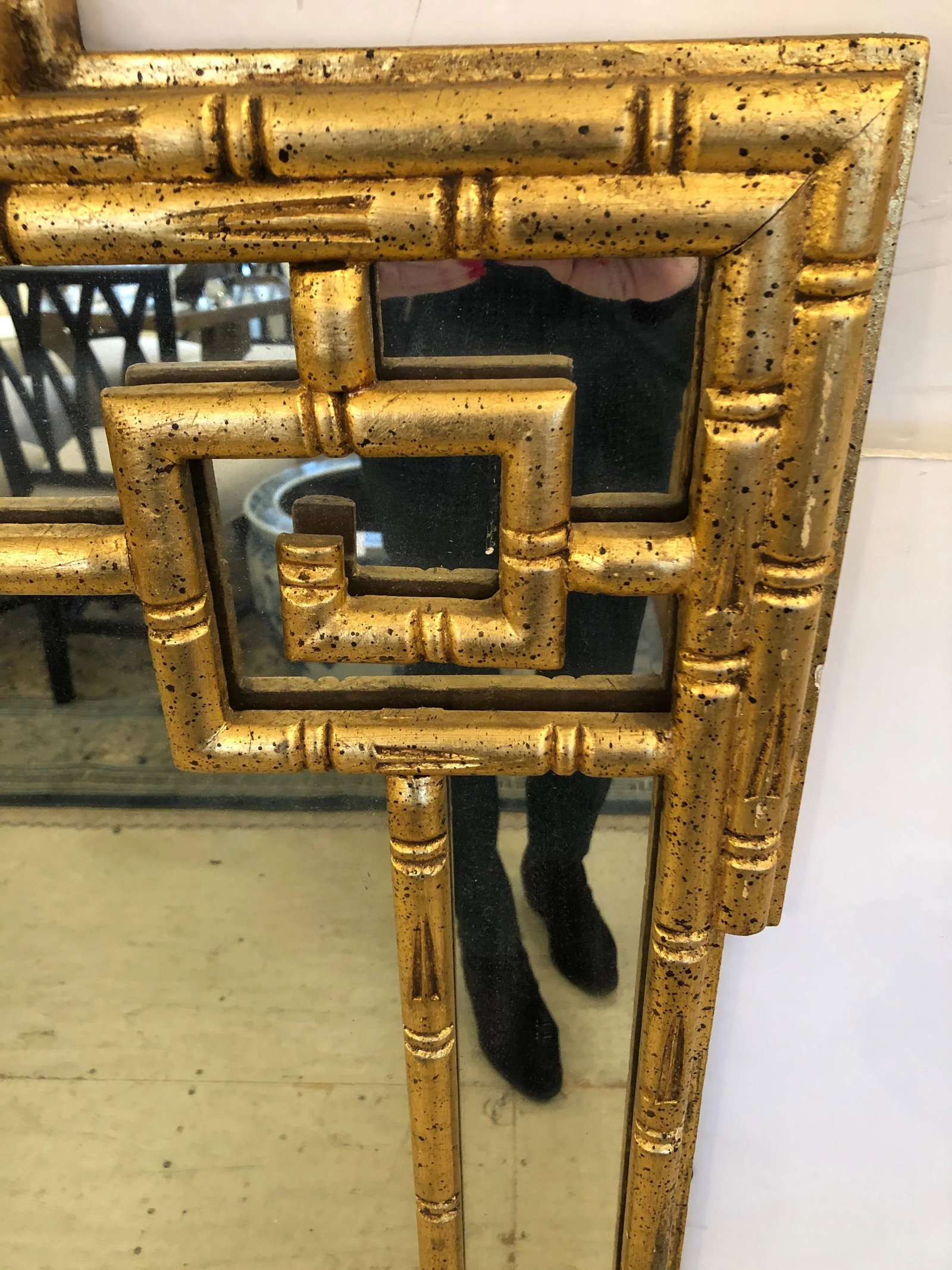 1960s Giltwood Greek Key Faux Bamboo Wall Mirror - 2