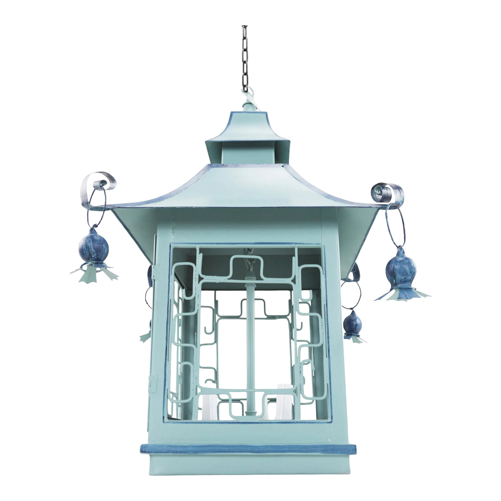 Vintage Double Pagoda Blue Three Light Chandelier: Vintage Double Pagoda Blue Three Light Chandelier There is a 12" chain with canopy to the ceiling. No glass included with the chandelier. Condition: Alterations: Original Condition Unaltered