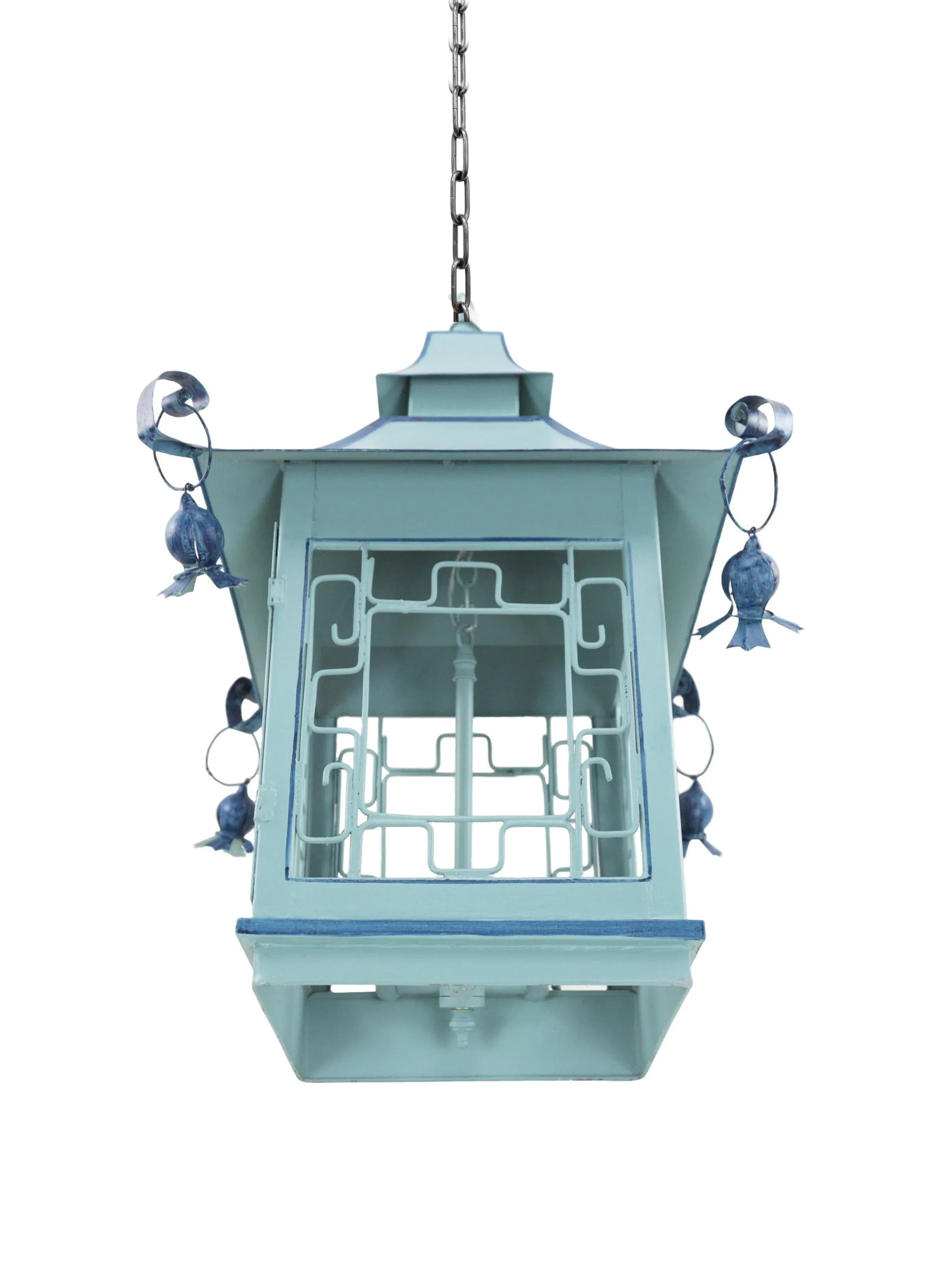Vintage Double Pagoda Blue Three Light Chandelier - 2