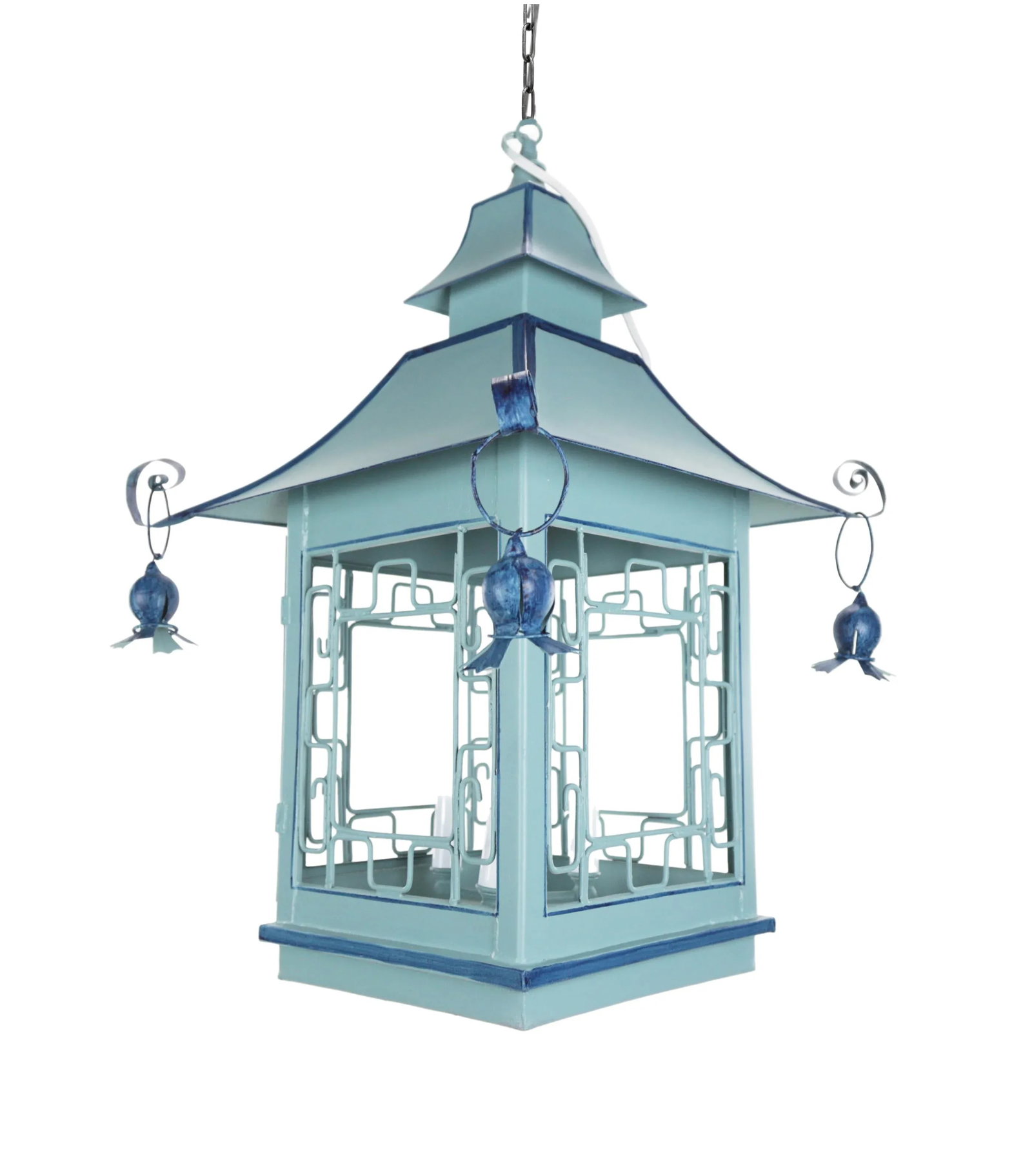 Vintage Double Pagoda Blue Three Light Chandelier - 3