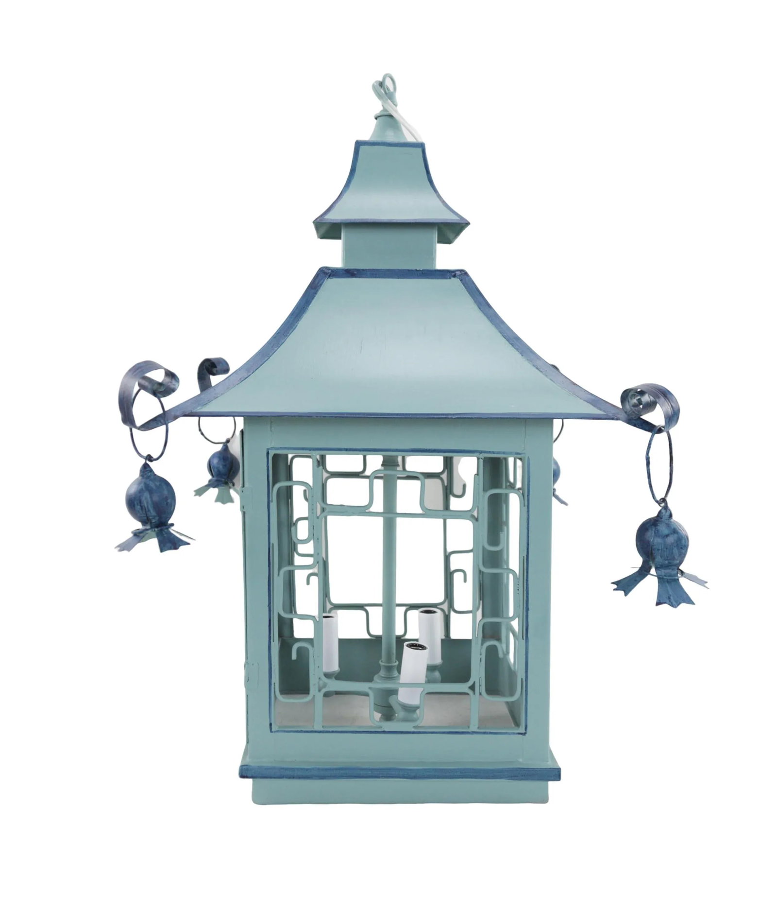 Vintage Double Pagoda Blue Three Light Chandelier - 4