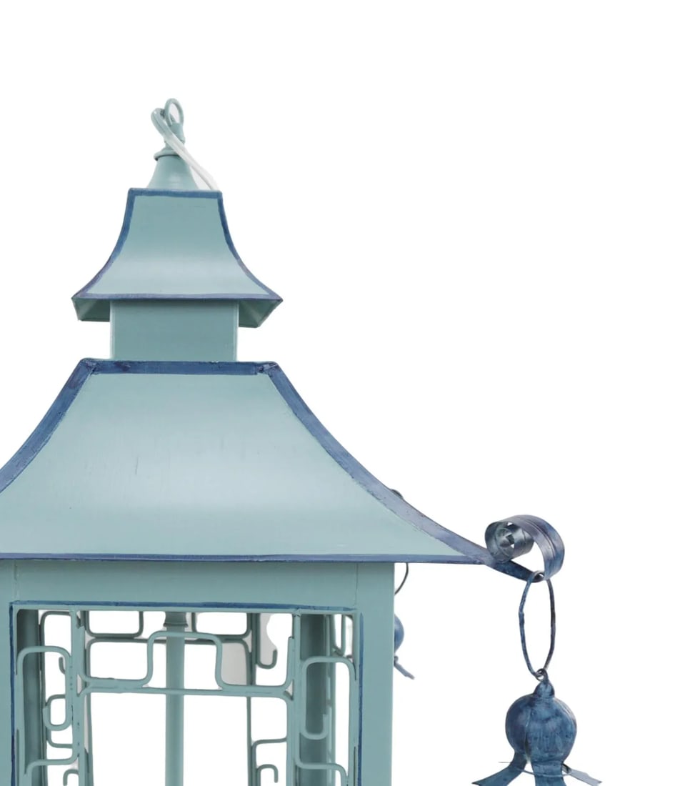 Vintage Double Pagoda Blue Three Light Chandelier - 5