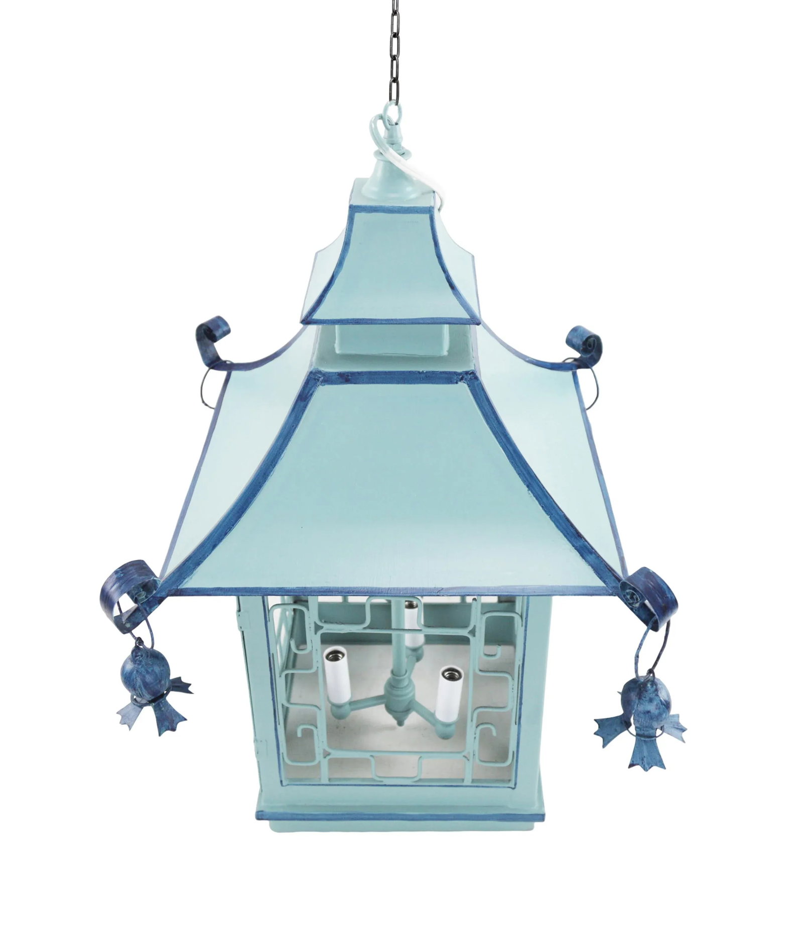 Vintage Double Pagoda Blue Three Light Chandelier - 6