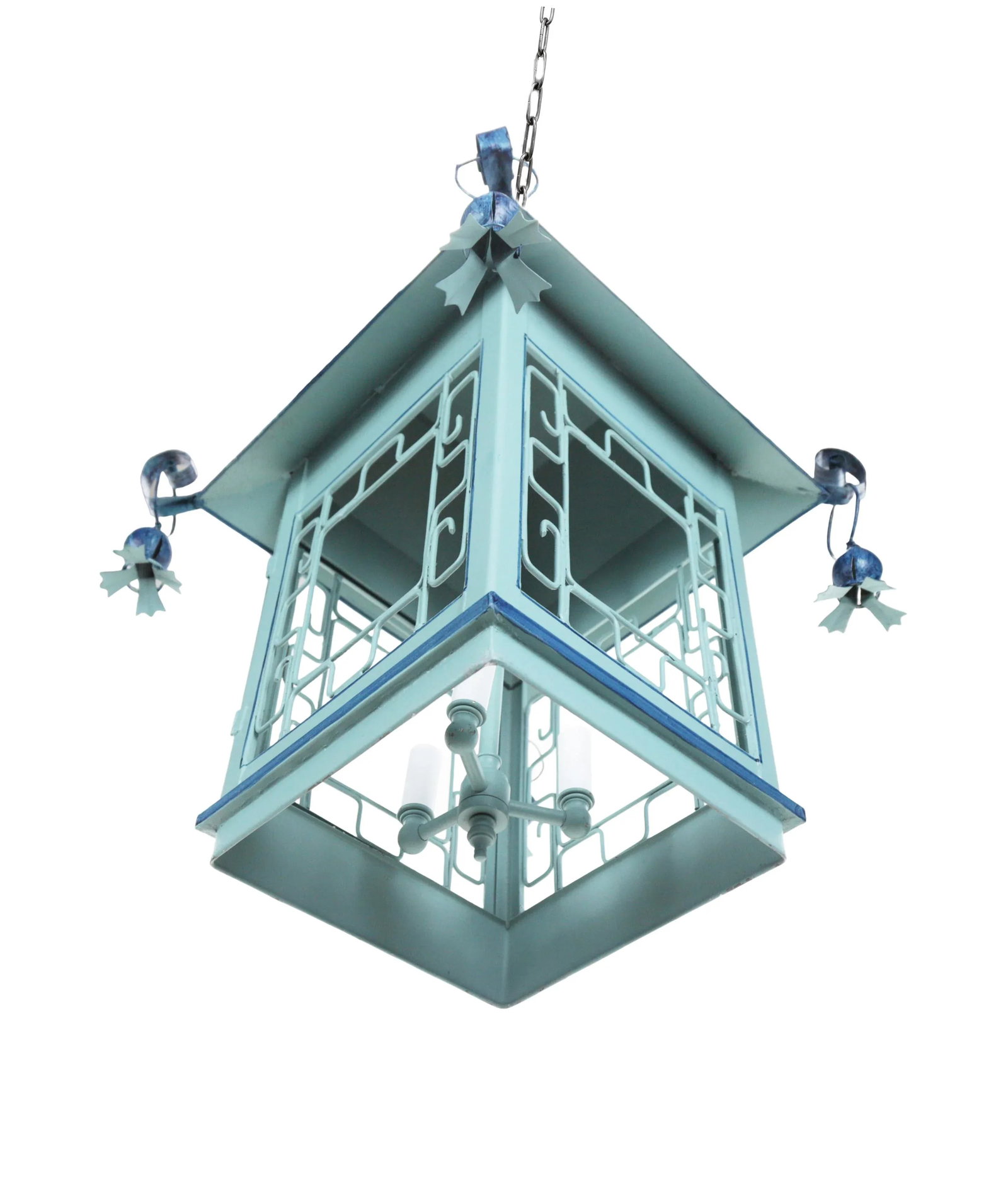 Vintage Double Pagoda Blue Three Light Chandelier - 7