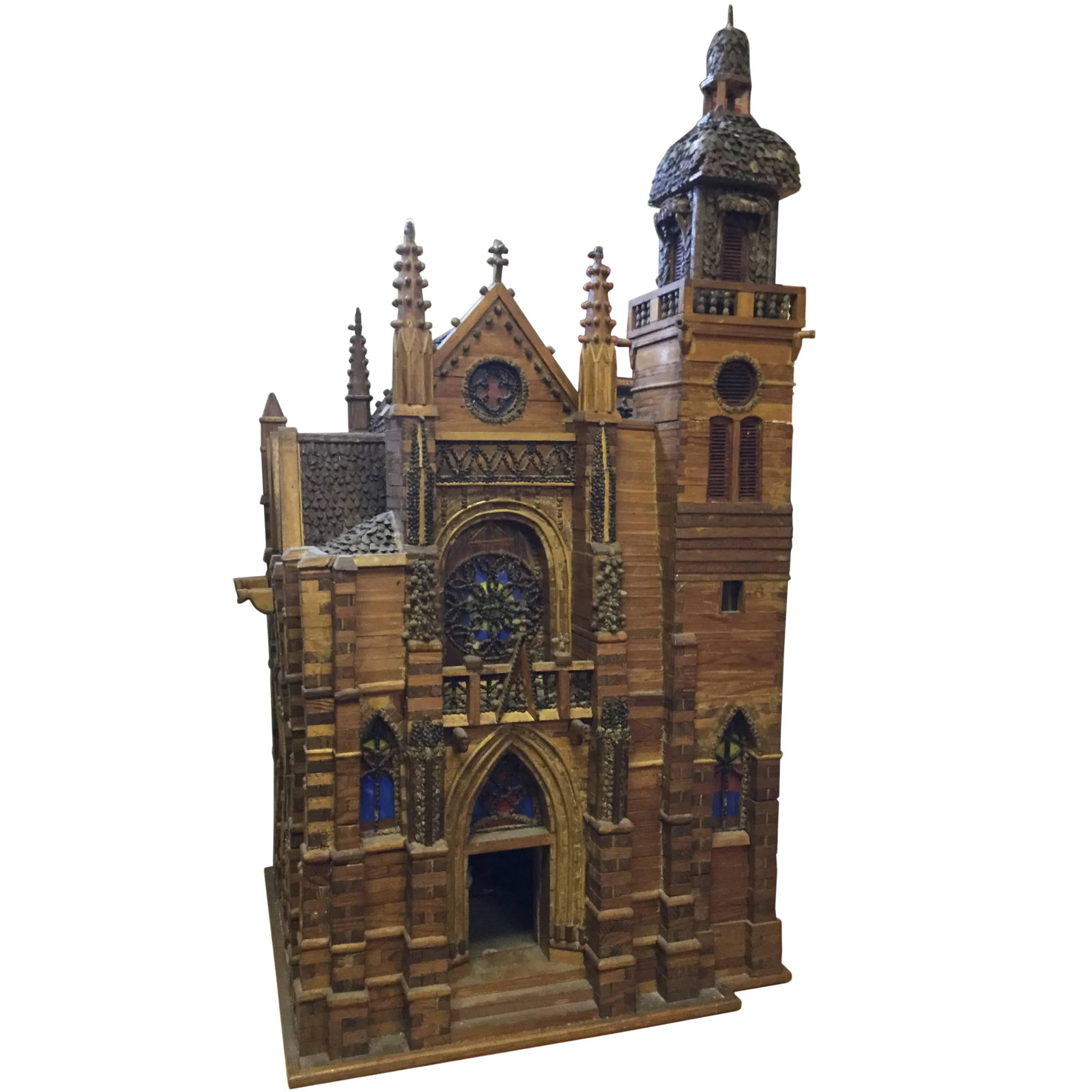 French Folk Art Miniature Cathedral Sculpture Model: One-of-a-kind French handmade folk art miniature replica of the St. Leonard Cathedral in Fougeres, France having extraordinary details of the original church including the bell-tower, flying