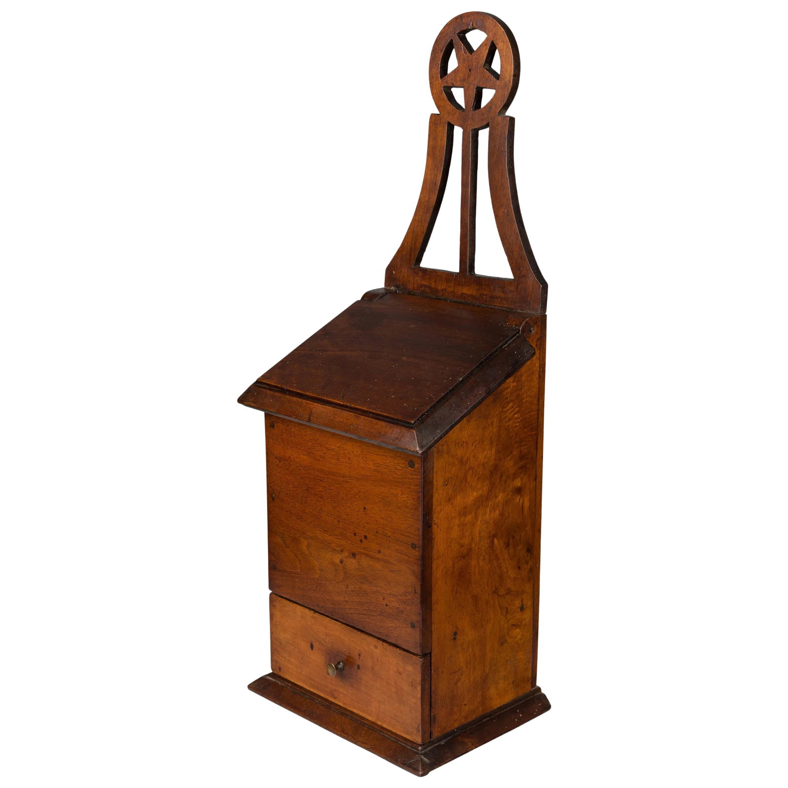19th Century Provencal Salt Box or Minature Box: A 19th century French boite a sel, or salt box from Provence. Made of walnut with a pierced carved star at the top and a drawer with brass knob. Waxed finish. Unusually tall size. Note: there is a