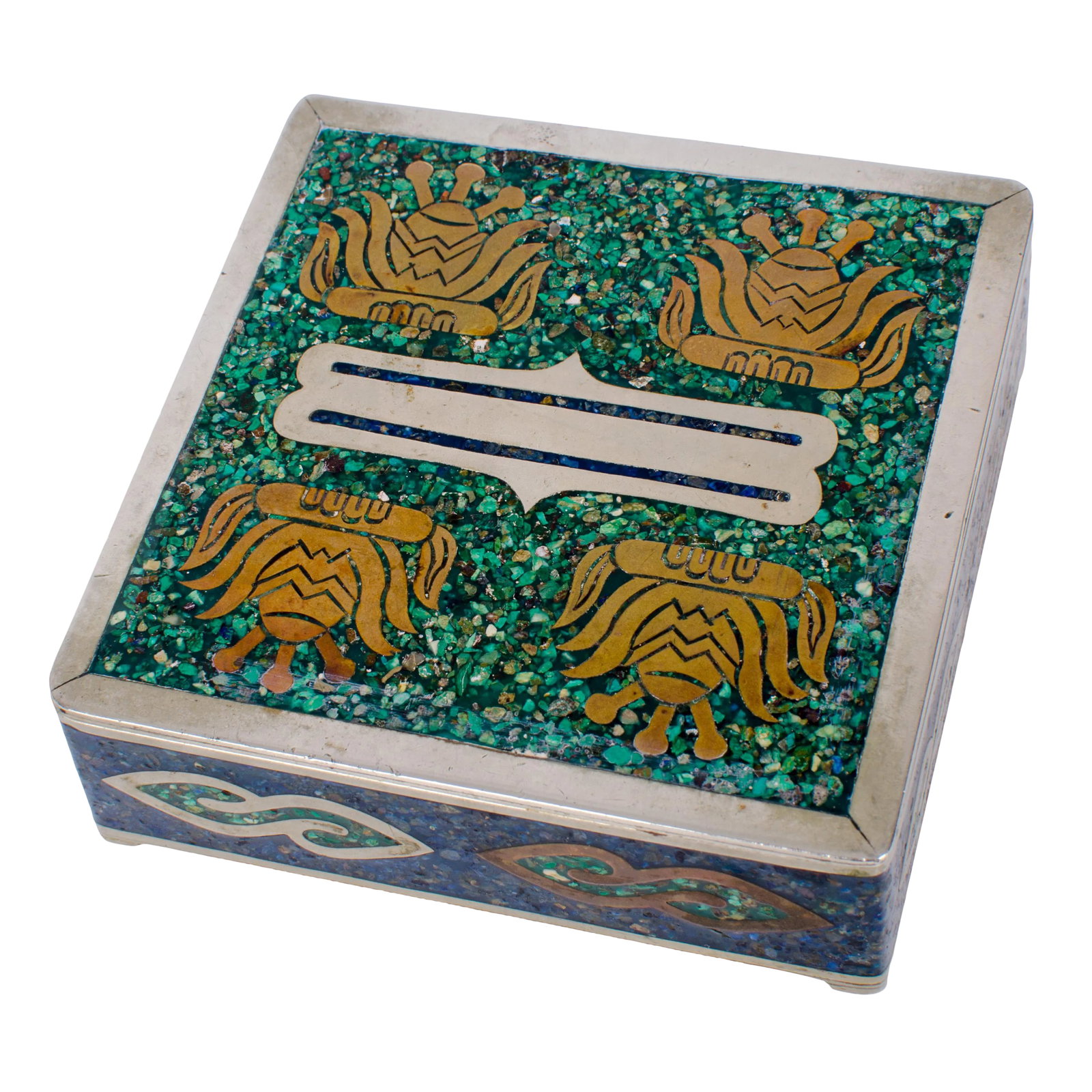 Mid 20th Century Alpaca Taxco Silver Trinket Box: Heavy Alpaca Taxco trinket box composed of mixed metals and stones including Mexican silver, brass, malachite and lapis. Lined with wood. 4 1/8 inches wide by 4 1/4 inches deep by 1 3/8 inches tall Co