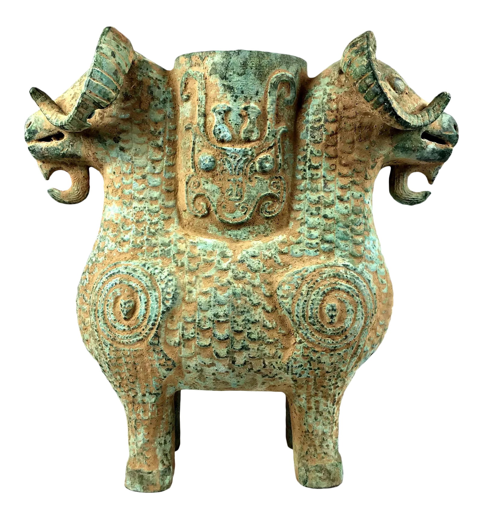 1920s Chinese Bronze Two Headed Ram Flower Pot/Candle Holder: Unique design and unusual style. Bought in China during the 80's. Probably a reproduction of an ancient design. In perfect condition. We added the glass top for turning it into a candle holder. Use