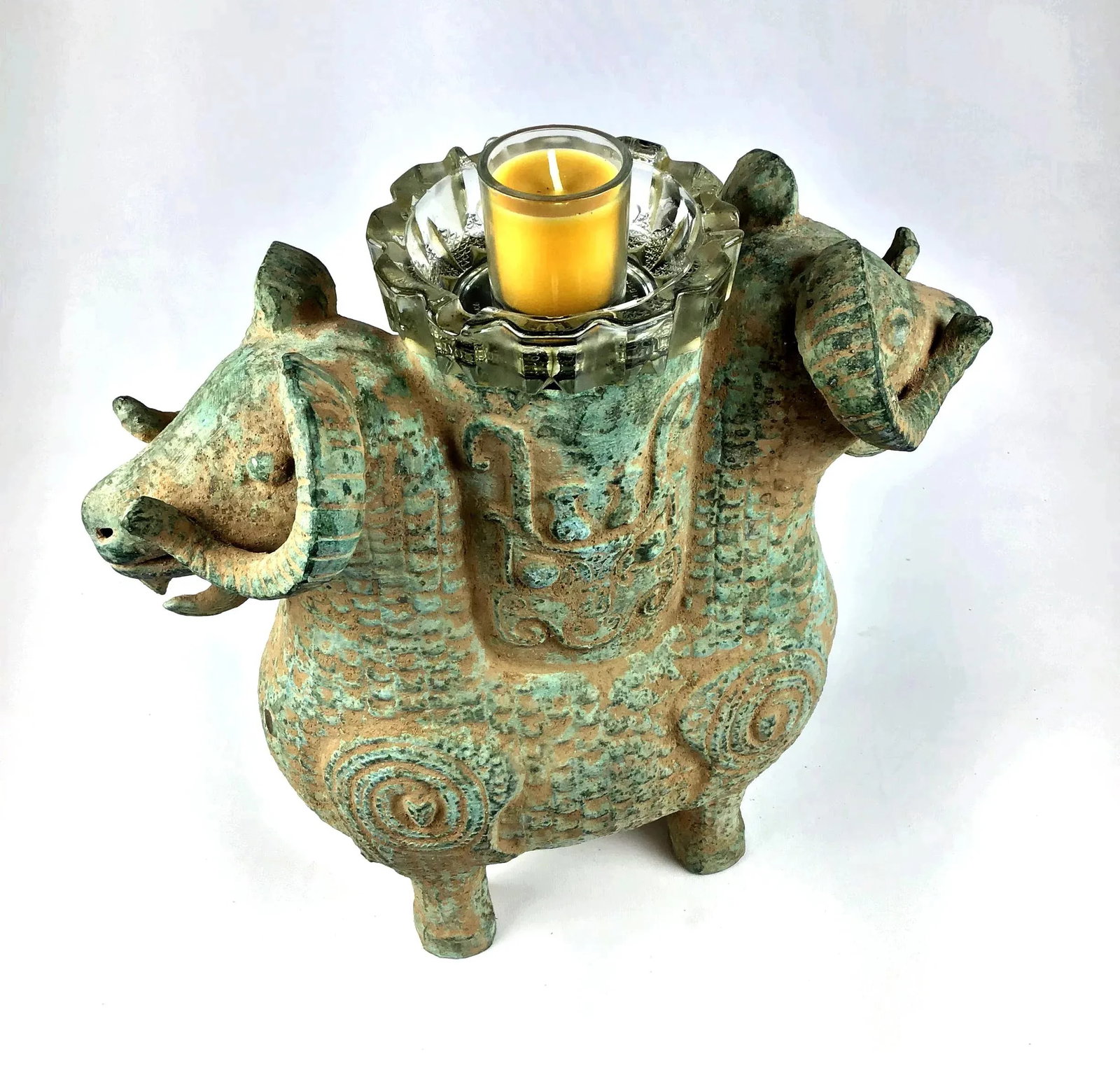 1920s Chinese Bronze Two Headed Ram Flower Pot/Candle Holder - 2