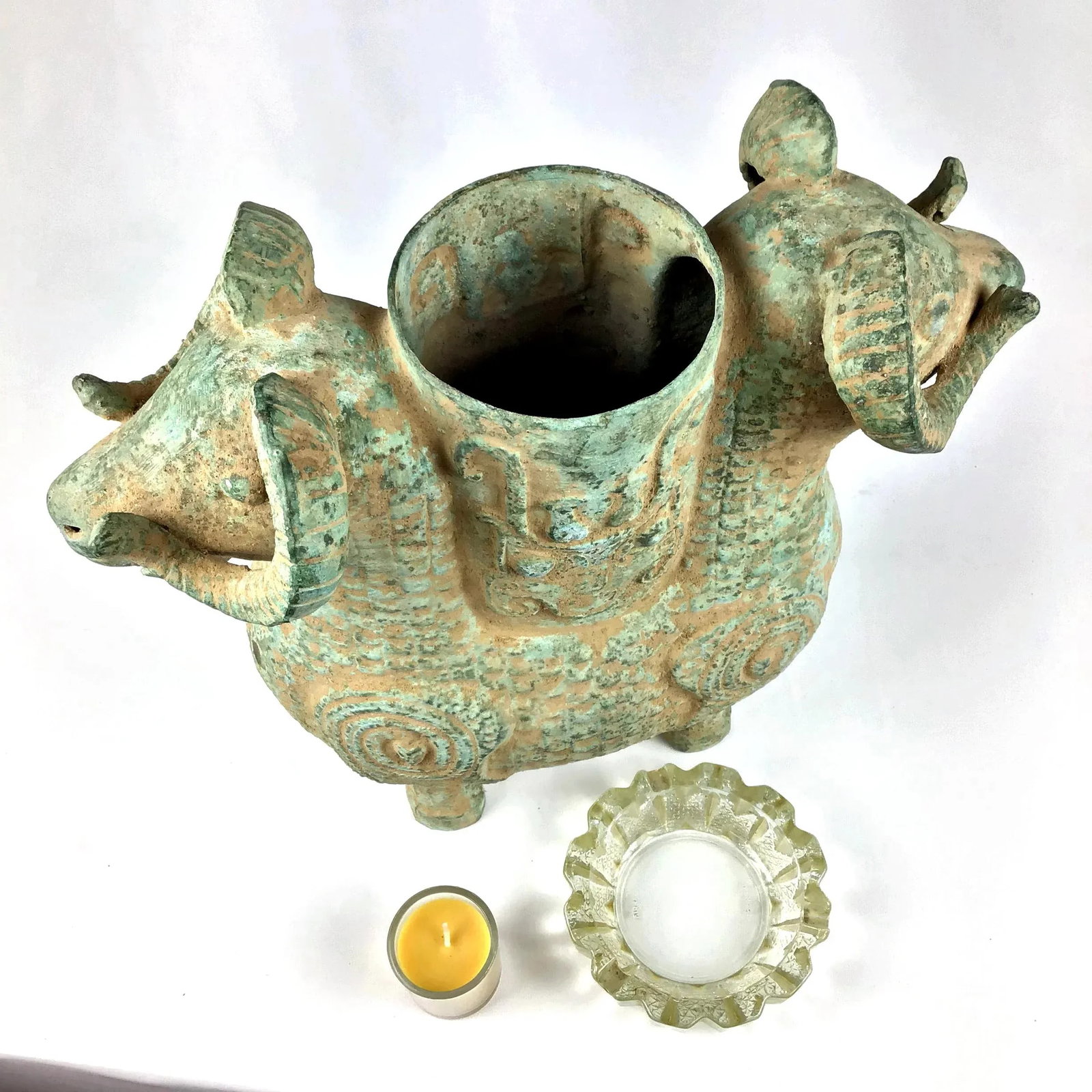 1920s Chinese Bronze Two Headed Ram Flower Pot/Candle Holder - 3