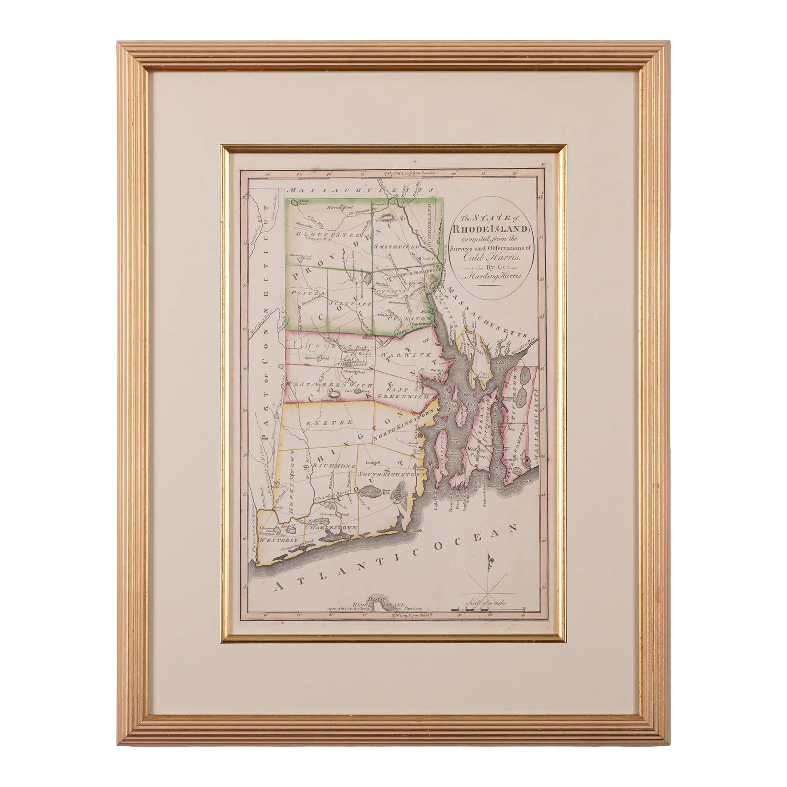 The State of Rhode Island Map - Caleb Harris & Harding Harris, 1818: Mathew Carey (American/Philadelphia, 1760-1839) The State of Rhode Island compiled from the surveys and observations of Caleb Harris by Harding Harris. Engraving with hand-coloring. Published by