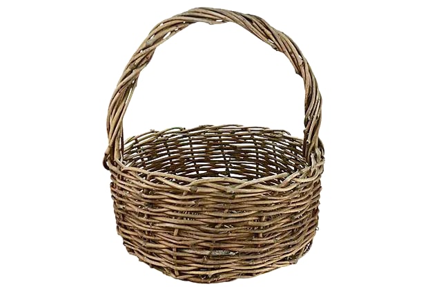 Large 18" Natural Grape Vine Basket: Vintage French artisan woven sturdy rustic natural grapevine 18 inch round handled basket. Fill with cozy blanket, pillows or birch kindling in a country farmhouse or western mountain cabin lodge sett
