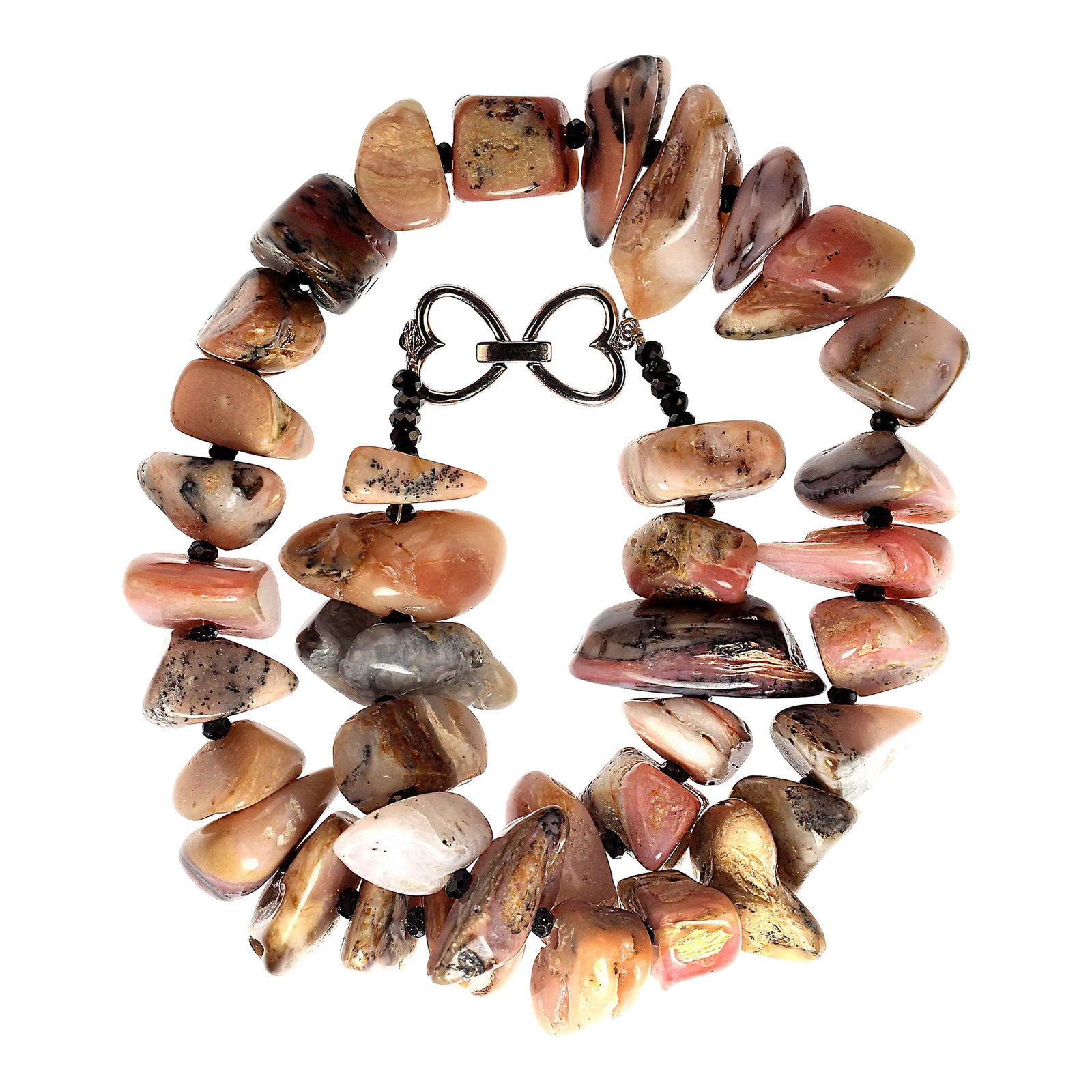 AJD Necklace of Highly Polished Pink Peruvian Opal Nuggets and Black Spinel: This is part of Chairish's Fine Jewelry assortment. This exquisite 21-inch necklace showcases tumbled and highly polished nuggets of Pink Peruvian Opal, each gemstone uniquely distinct, making every p
