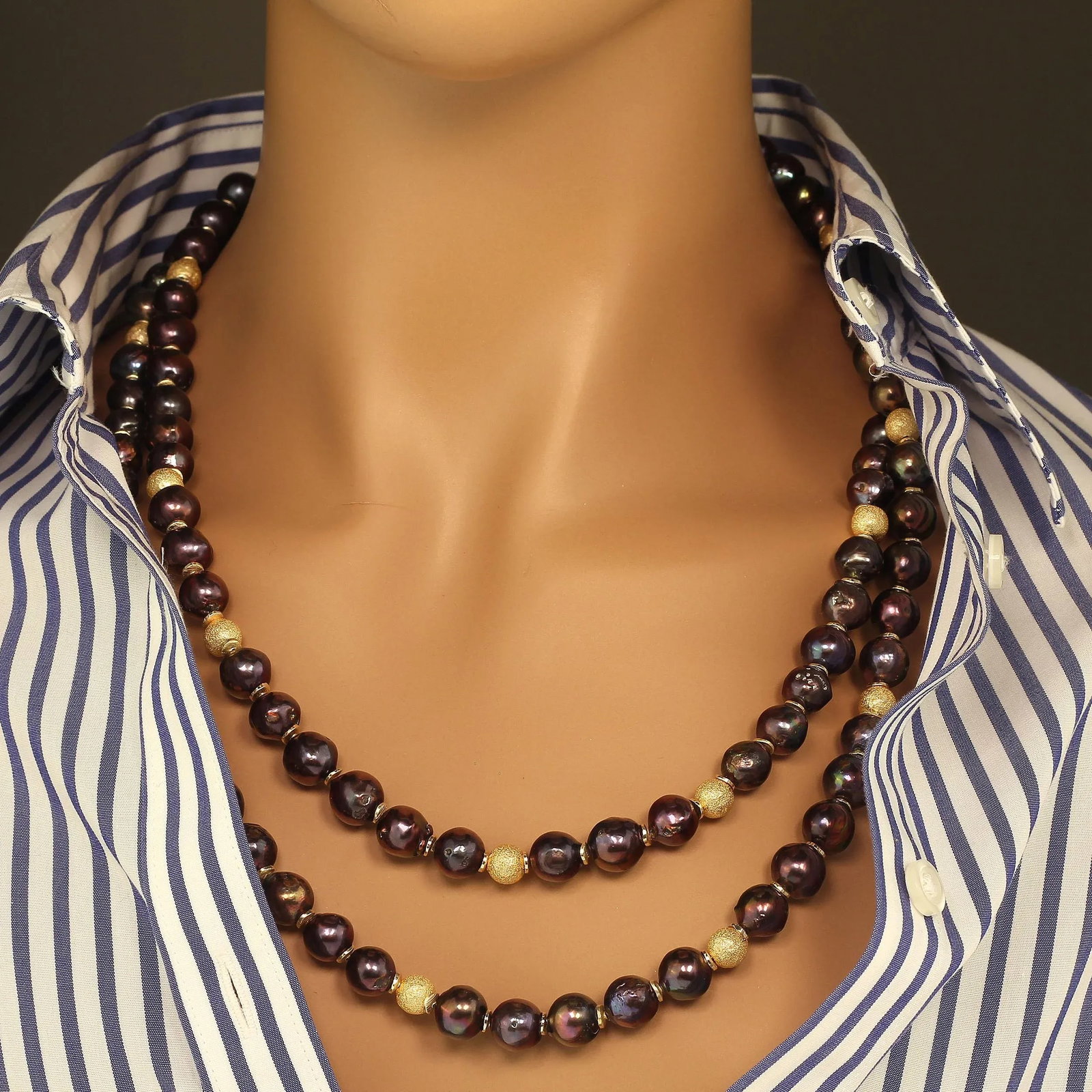 Two Strand Iridescent Mauve Pearl Necklace With Goldy Accents - 3