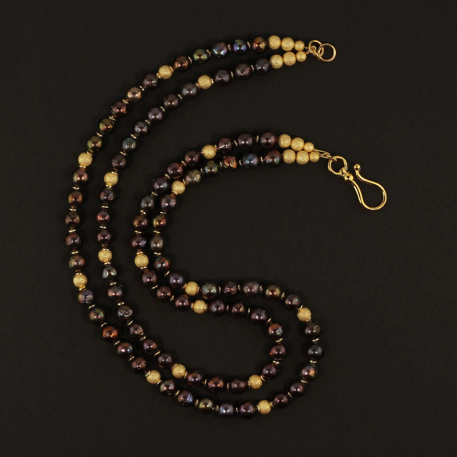 Two Strand Iridescent Mauve Pearl Necklace With Goldy Accents - 5