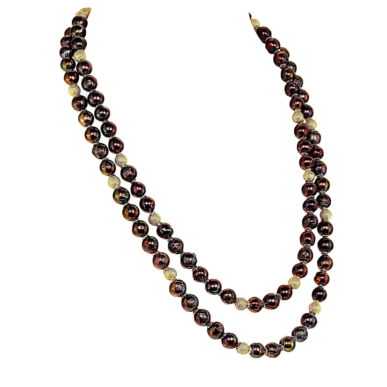 Two Strand Iridescent Mauve Pearl Necklace With Goldy Accents - 6