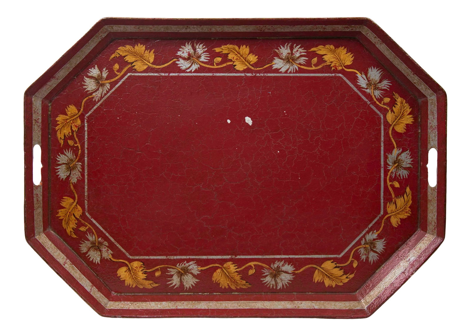 Vintage Red Octogonal Tray With Painted Leaf Border: This vintage tray has octagonal sides and painted mostly red with a flora border in silver and gold with amber glaze. Condition: Alterations: Original Condition Unaltered Imperfections: Some