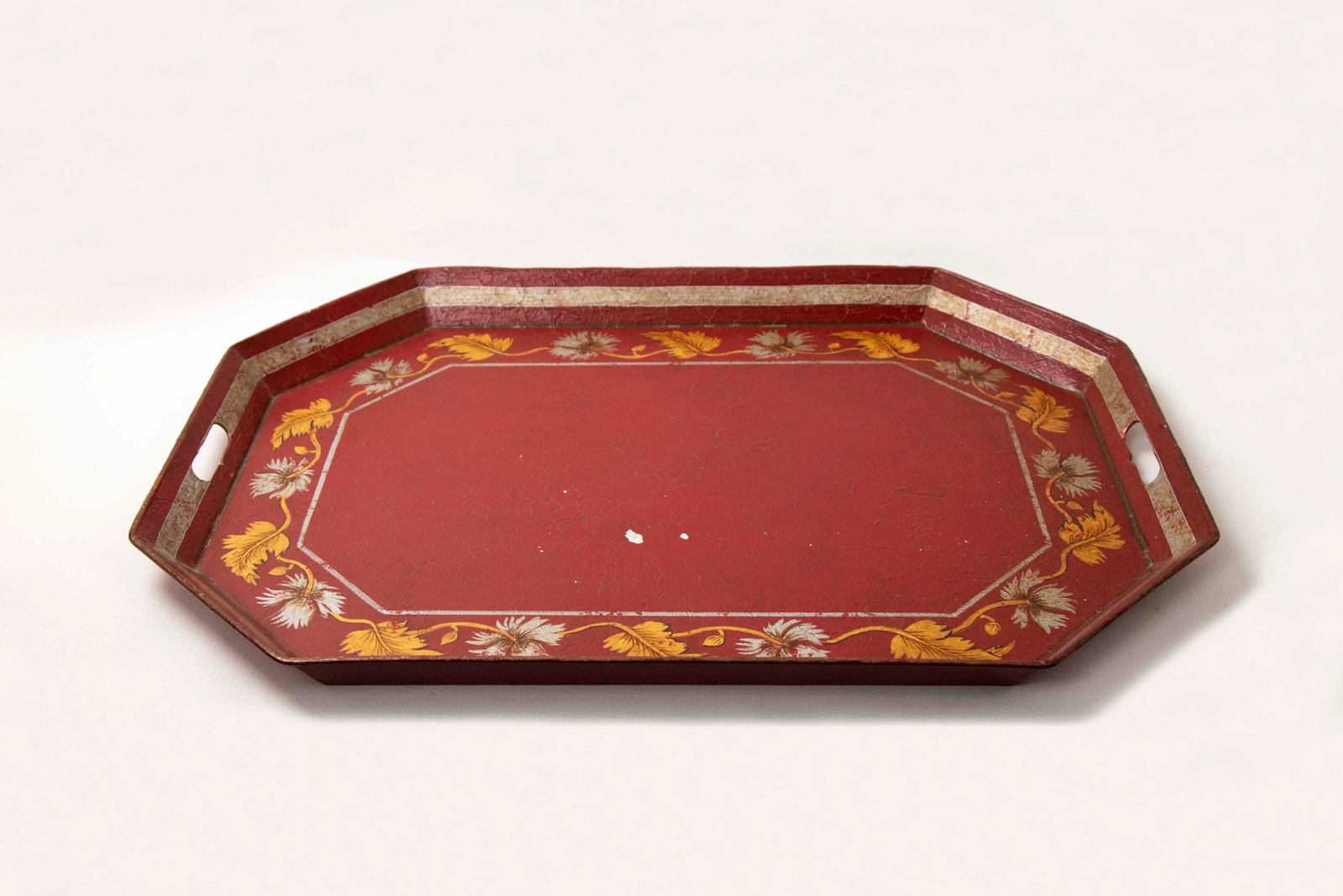 Vintage Red Octogonal Tray With Painted Leaf Border - 2
