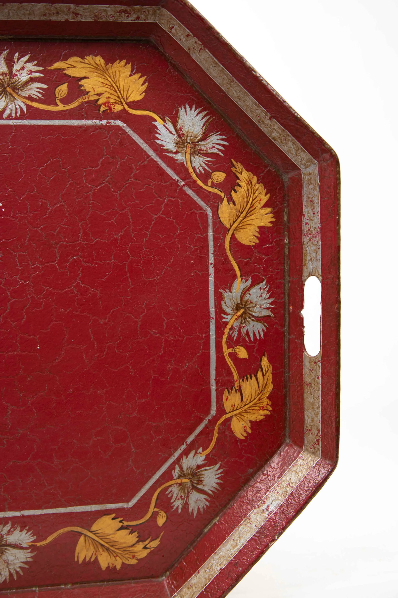 Vintage Red Octogonal Tray With Painted Leaf Border - 3