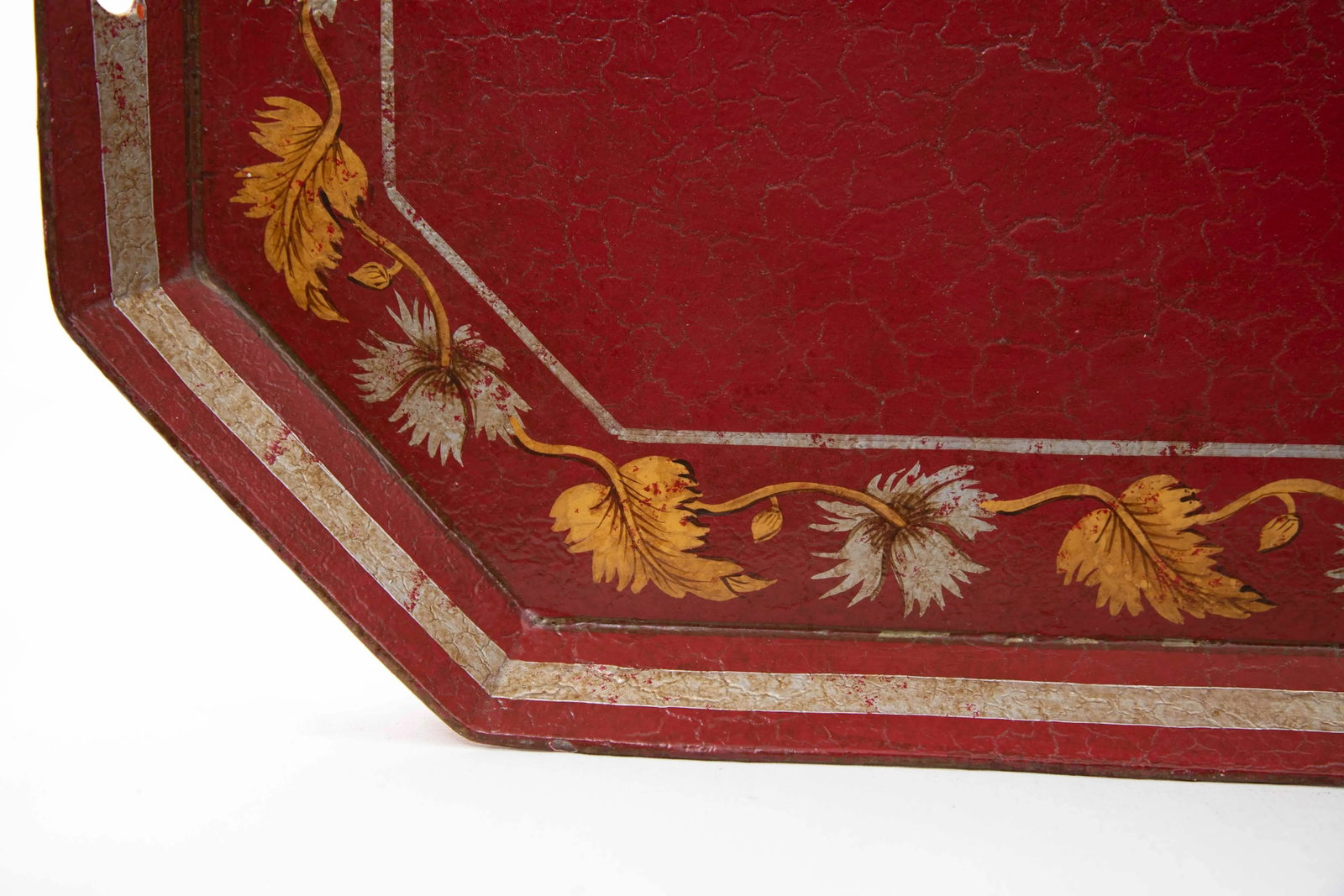 Vintage Red Octogonal Tray With Painted Leaf Border - 4