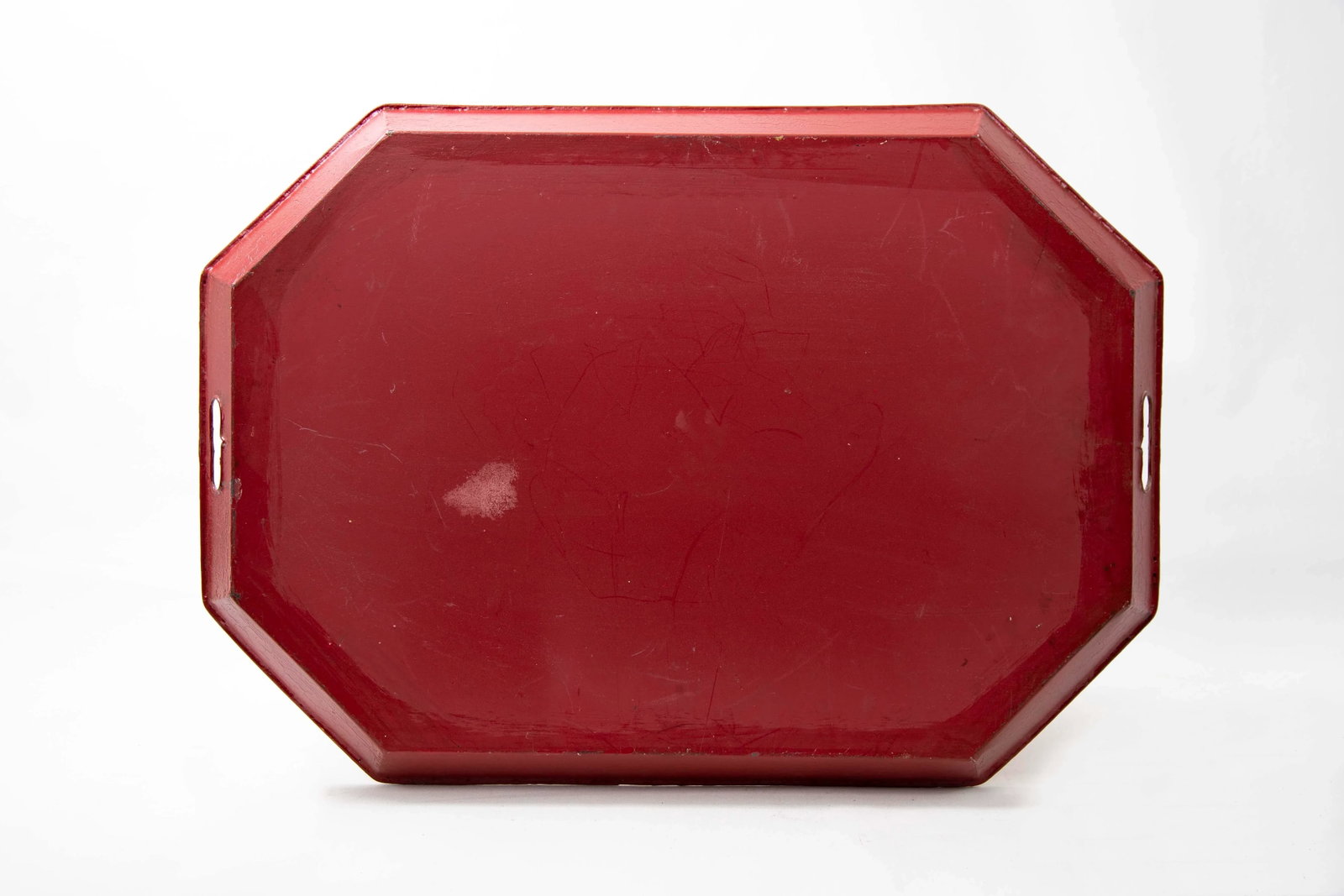 Vintage Red Octogonal Tray With Painted Leaf Border - 6