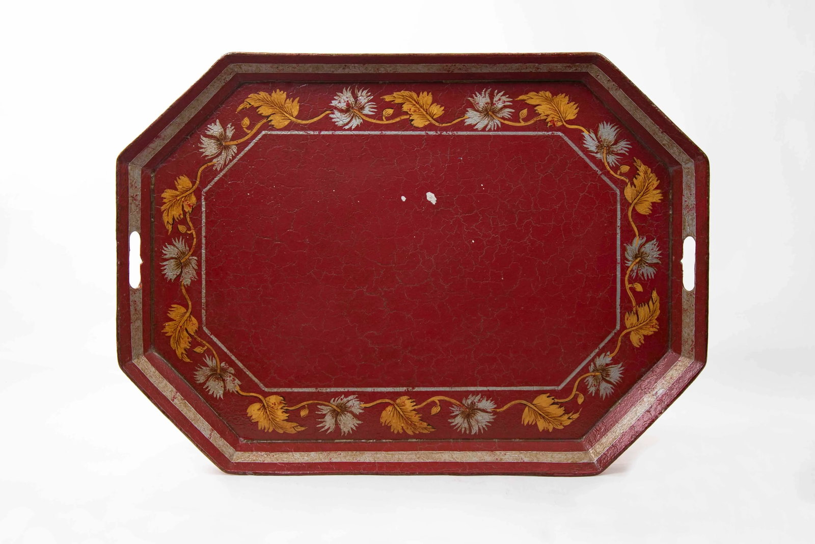 Vintage Red Octogonal Tray With Painted Leaf Border - 7