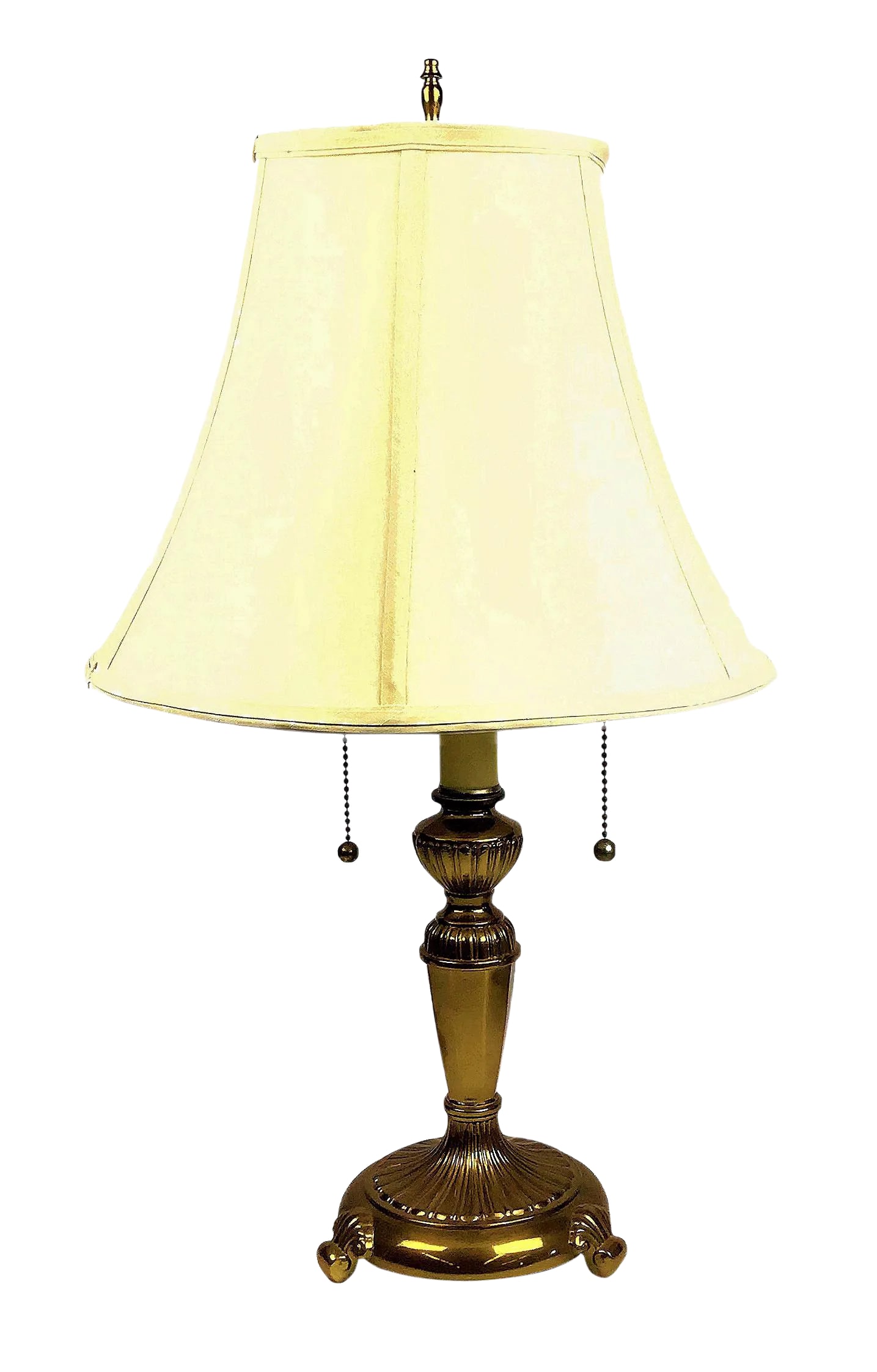 1980s Brass Table Lamp With Shade: The perfect lamp. Need I day more? Heavy solid brass with three shell shaped feet. Two pull chains for the on and off. Low light or bright light. We love the two bulb holders. Just try and find a new