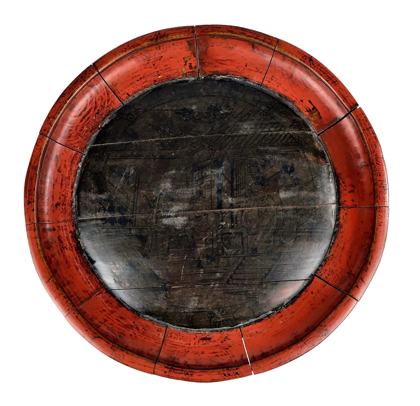 19th Century Chinese Wood Dome Display Tray: Complete with the over 100 years decal, this beautiful wooden tray has been hand carved and hand painted with four Chinese Scholars on the front or top of this tray. The edge has a metal wire holding