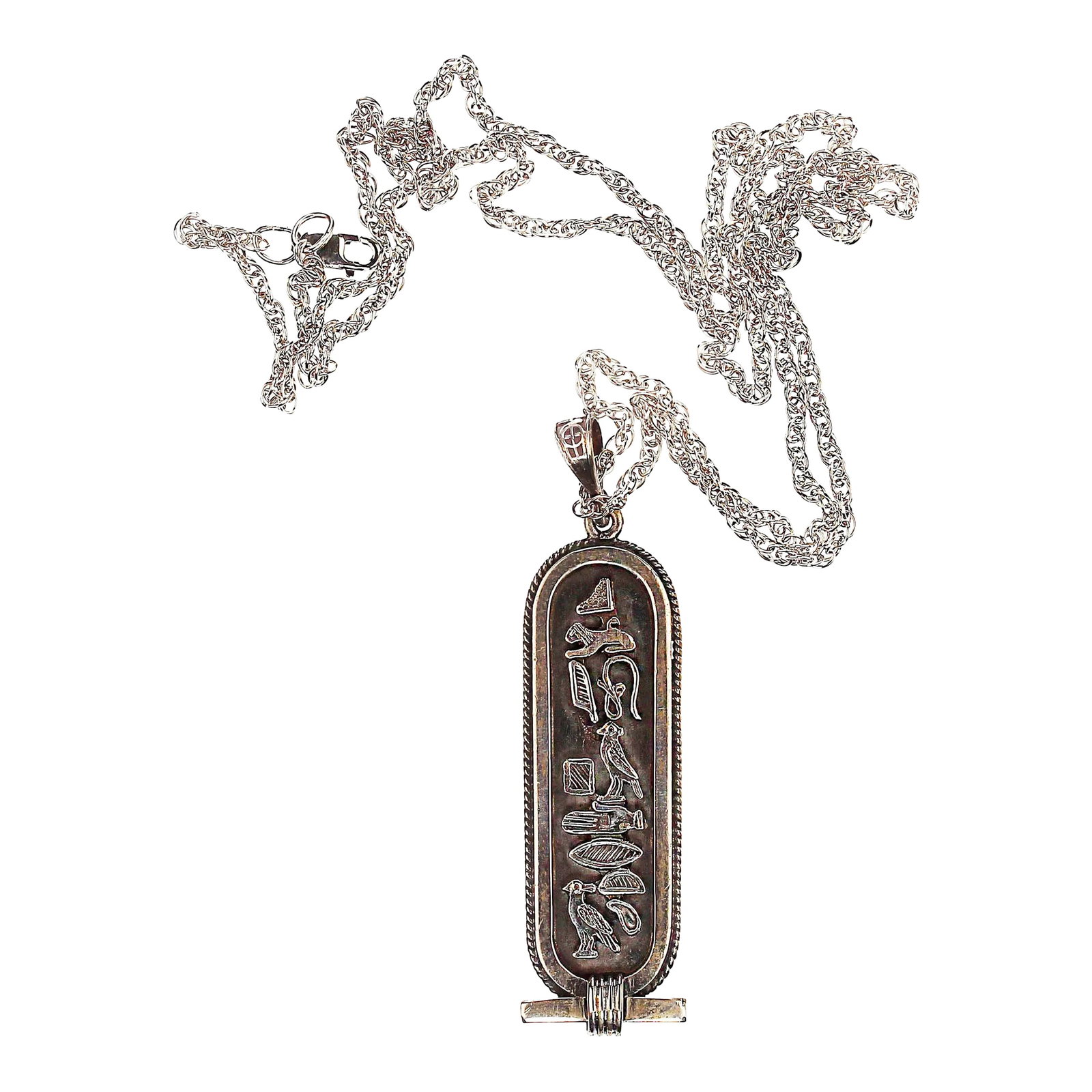 1990s Egyptian Hieroglyph Cartouche Pendant: This is part of Chairish's Costume Jewelry assortment. Sterling Silver Ancient Egyptian Hieroglyph Cartouche Pendant - Intriguing and Unique Add a touch of history and mystery to your jewelry