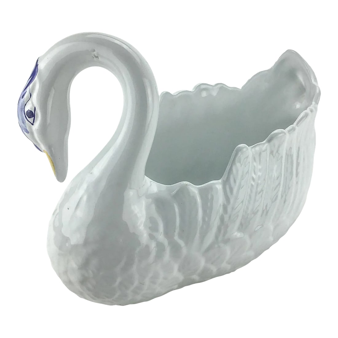Large Vintage Ceramic Swan Planter: Strike a pose. This pure white beauty will certainly turn heads while serving you and your guests at the table. Use for soup, bread, napkins or a vase of fresh flowers. In perfect condition. Condition