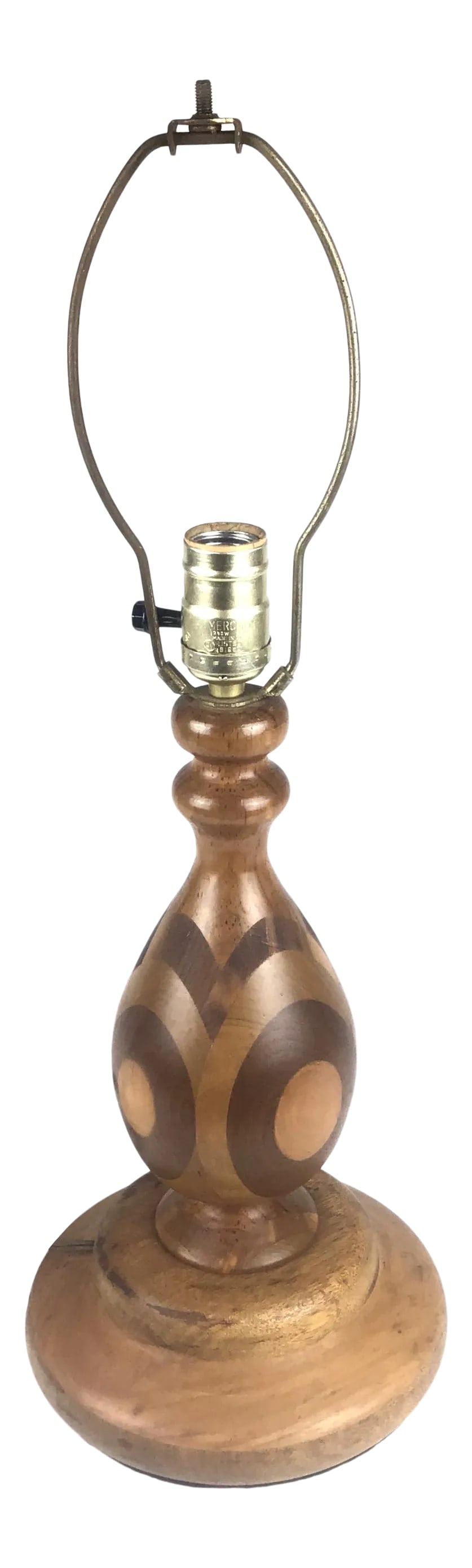 Inlaid Solid Wood Lamp Base: A very pretty vintage lamp hand made with two tones of solid wood. The shape is exquisite. Comes with a harp. Width of the base is 8.5 and height to the bulb base is 15 in. Condition: Alterations: Ori