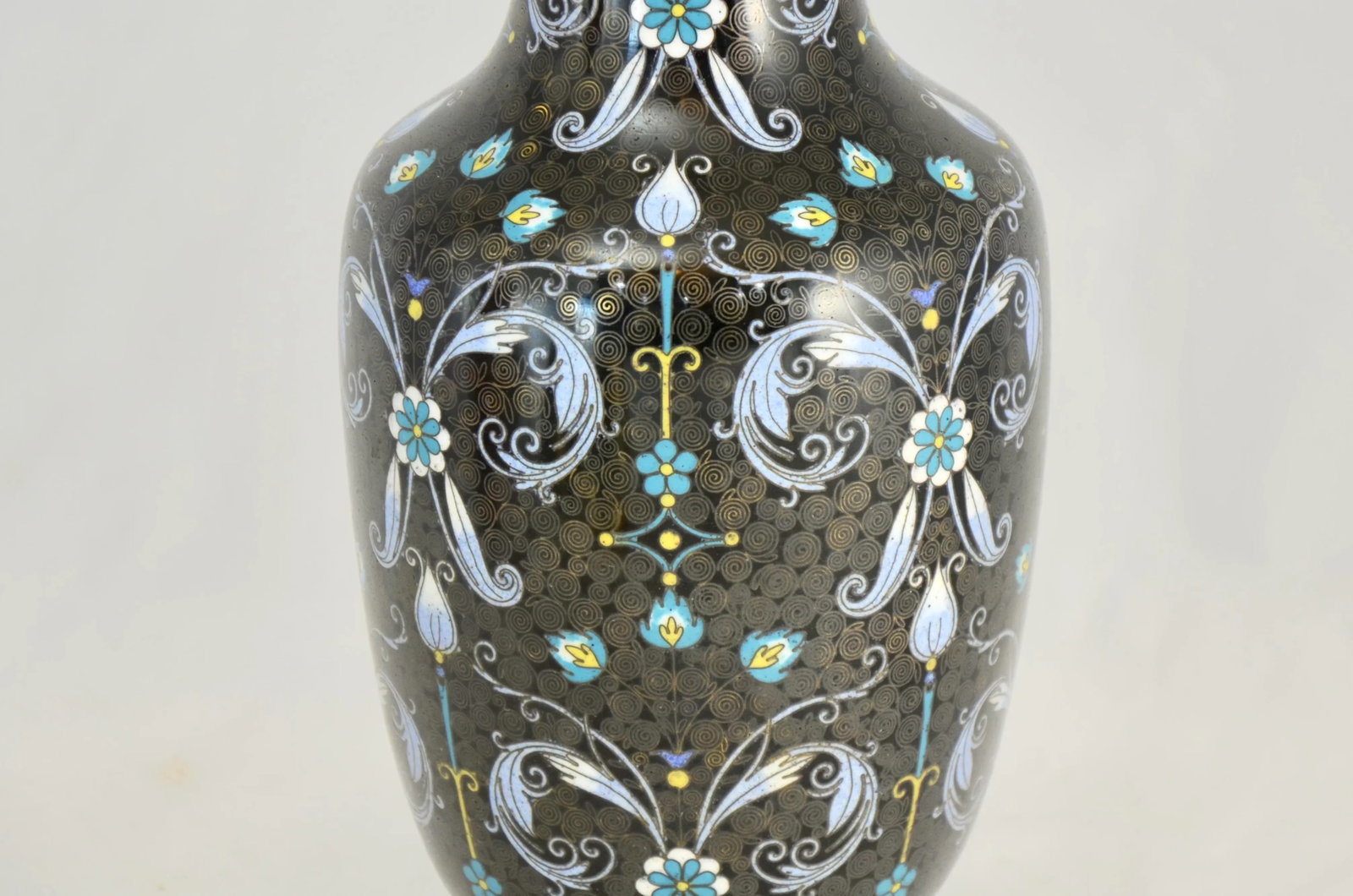 Aqua Floral Chinese Noir Cloisonne Vase - 2