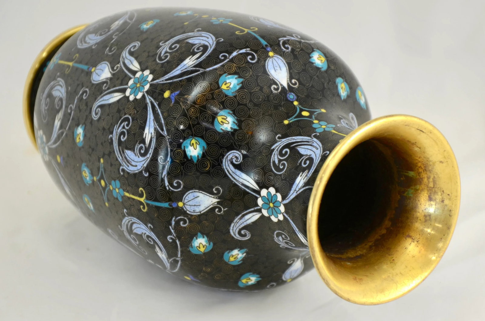 Aqua Floral Chinese Noir Cloisonne Vase - 4