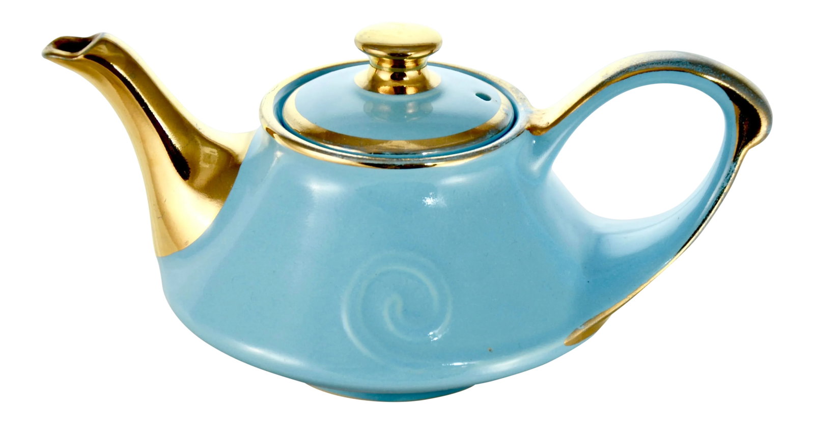1950s Aqua & 22k Gold Teapot: Bold Aqua Aladdin genie lamp style ceramic tea pot adorned with hand painted 22K gold accents. Attributed to Pearl China Co., circa 1950. Marked "Guaranteed 22K Gold; USA." Some wear to gold.