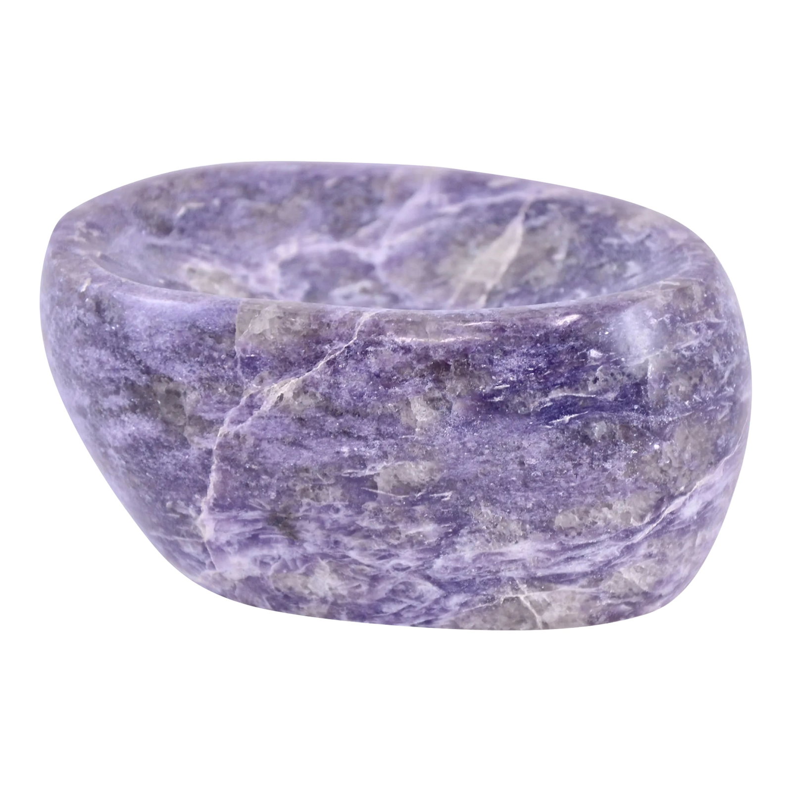 Carved Amethyst Lepidolite Stone Bowl: Large heavy Lepidolite stone hand carved into an organic shape catchall bowl and polished to highlight crystal striations of amethyst, purple, lavender, white and gray. No maker's mark. Light wear. Co