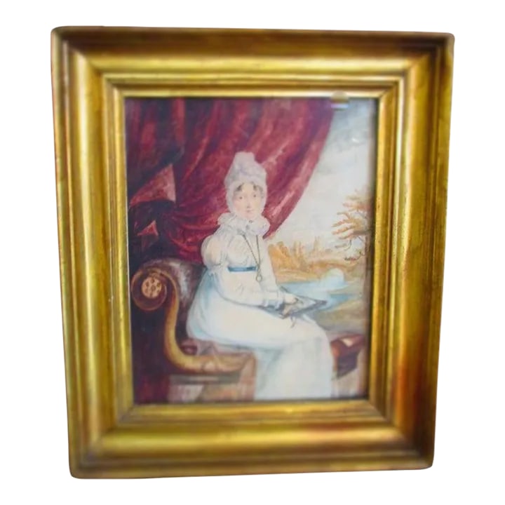 Early 18thc French Watercolor Portrait Seated Lady Drawing Castle in Background: This charming early 1800s French Empire watercolor on paper features a fine lady seated upon a recamier. She wears a stylish high-waisted neoclassical dress and matching bonnet, note her wispy curls