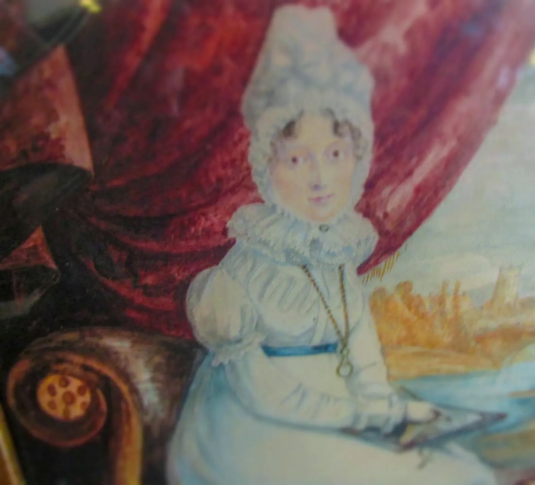 Early 18thc French Watercolor Portrait Seated Lady Drawing Castle in Background - 2
