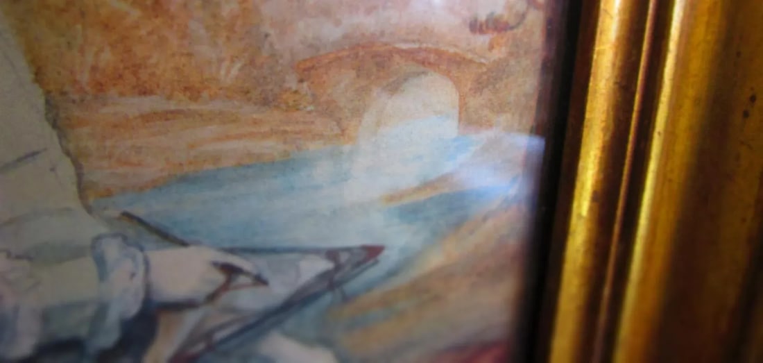 Early 18thc French Watercolor Portrait Seated Lady Drawing Castle in Background - 3