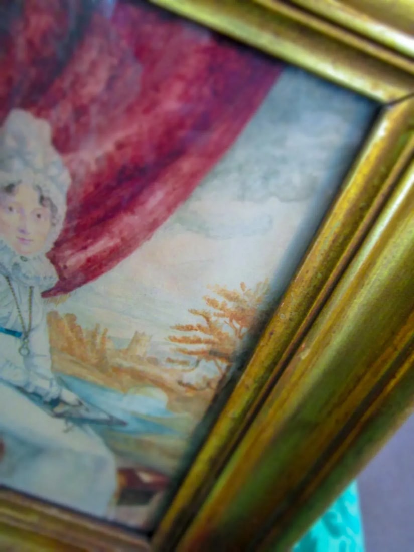 Early 18thc French Watercolor Portrait Seated Lady Drawing Castle in Background - 5