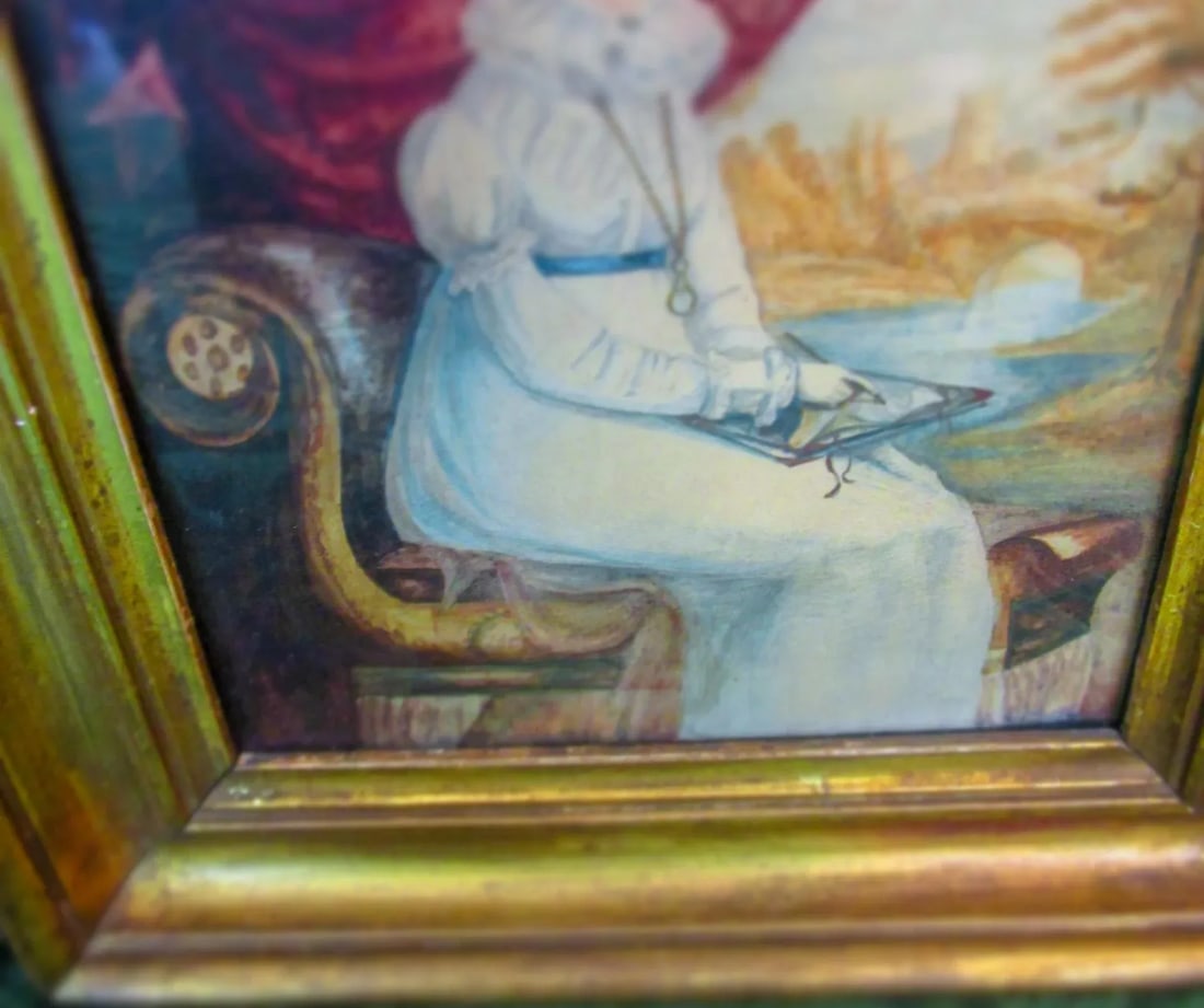 Early 18thc French Watercolor Portrait Seated Lady Drawing Castle in Background - 7