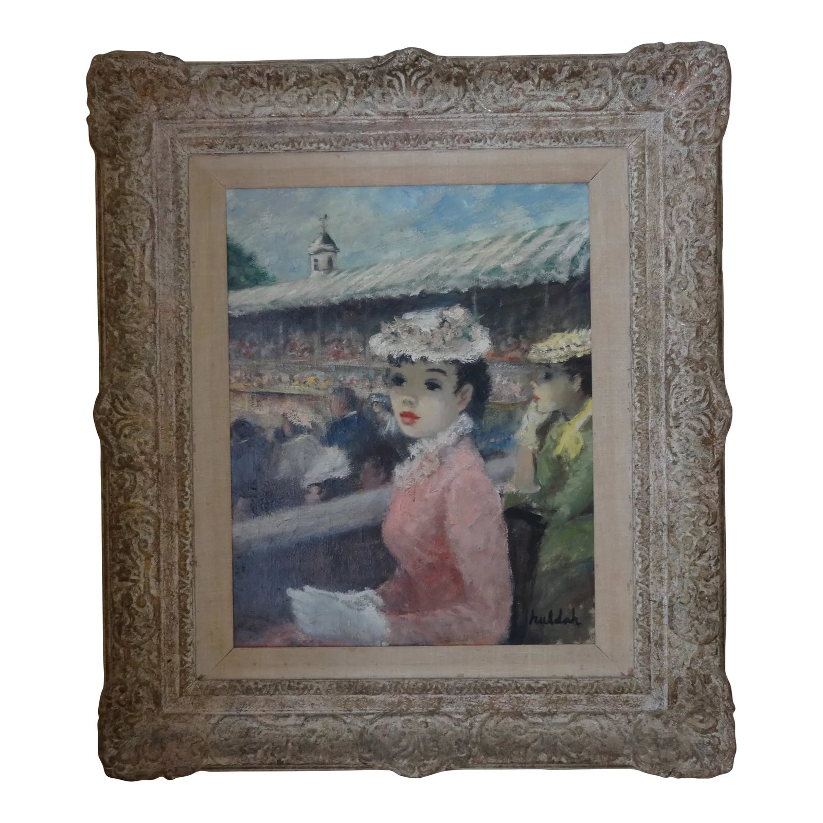 1950s "Watching Tennis Match at Newport" Oil Painting by Cherry Jeffe Huldah, Framed: Cherry Jeffe Huldah was an American painter and illustrator, whose work is characterized by its focus on adolescent girls in the turn-of-the-century fashions. Circa 1950s Canvas 21.75" by 17.25"