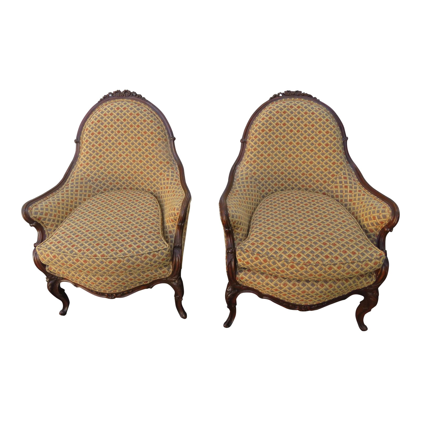 French Early 1900s Hand Carved Side Lounge Accent Fireplace Chairs a Pair: This Pair of Side Chairs is made of wood, solid wood, and upholstery. These two chairs have exquisitely elegant French style from the 1930's; they feature classic silhouettes, hand carving, beautiful