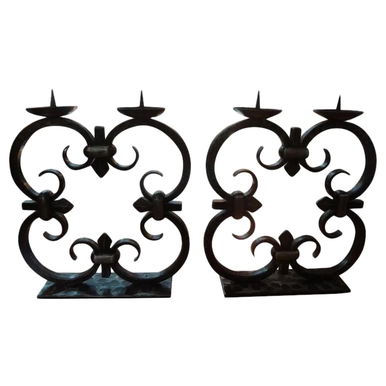 1940s French Art Deco Wrought Iron Candle Holders by Michel Zadounaisky - a Pair (1 of 11)