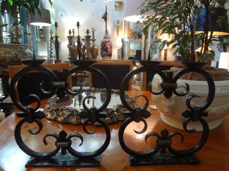 1940s French Art Deco Wrought Iron Candle Holders by Michel Zadounaisky - a Pair - 2