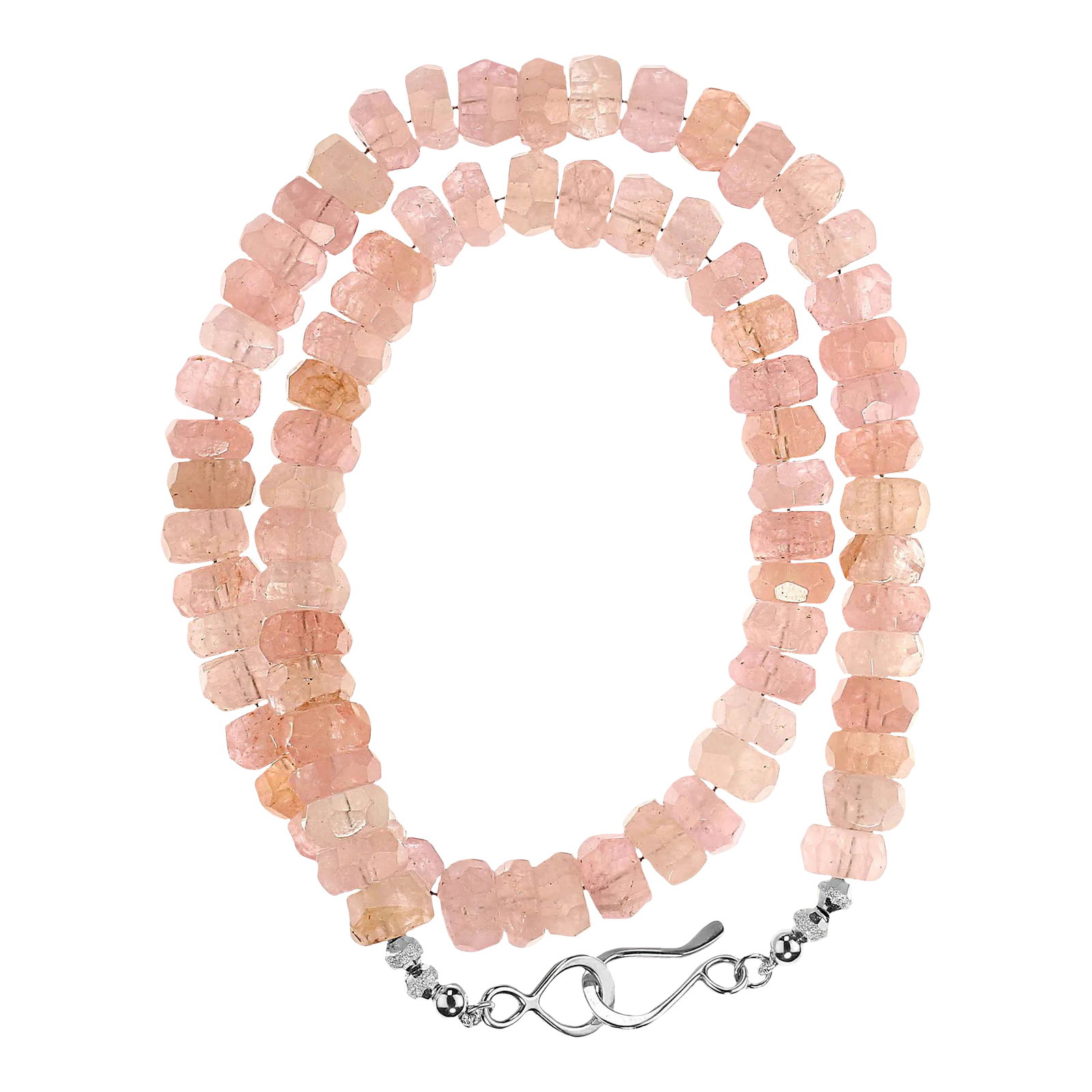 Pinky Morganite Faceted Rondel Necklace: This is part of Chairish's Fine Jewelry assortment. 18-Inch Morganite Necklace with Faceted Rondels and Sterling Silver Clasp Elevate your jewelry collection with this stunning 18-inch Morganite