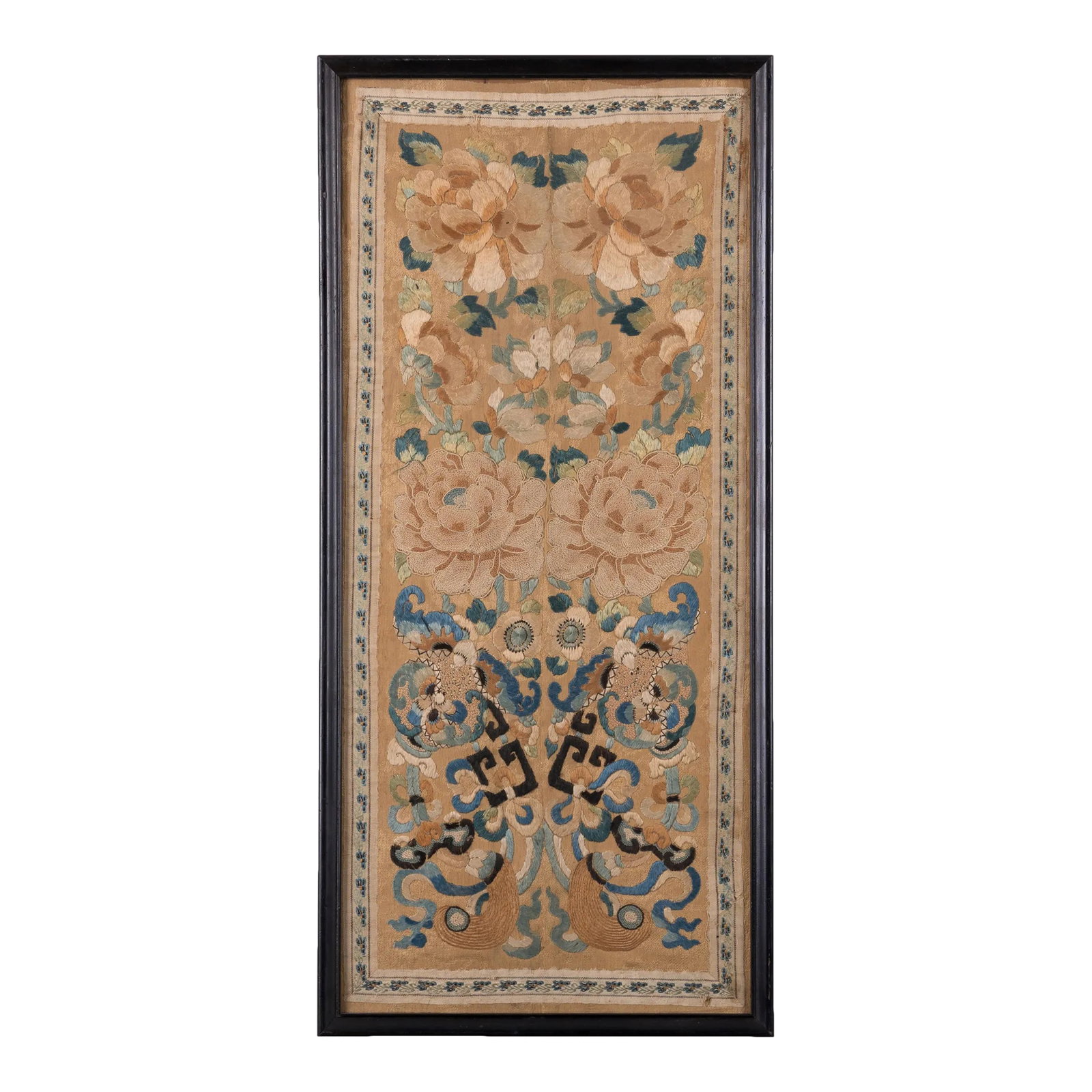 Chinese Silk Embroidered Panel, Qing, 19th Century: A Chinese Qing Dynasty silk embroidered mirrored panel, 19th century. Sight: 9 by 21 inches frame: 10 1/4 by 22 1/4 inches Condition: Alterations: Original Condition Unaltered Imperfections: Some