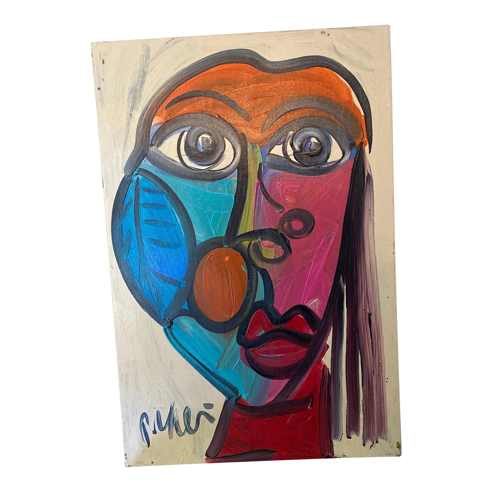 1970s Vintage Abstract Portraiture, Painting by Peter Robert Keil: Peter Keil is a German artist that focuses primarily on abstract expressionism. Keil painted with some of the greats including Joan Miro, Pablo Picasso and Andy Warhol, to name a few. This is